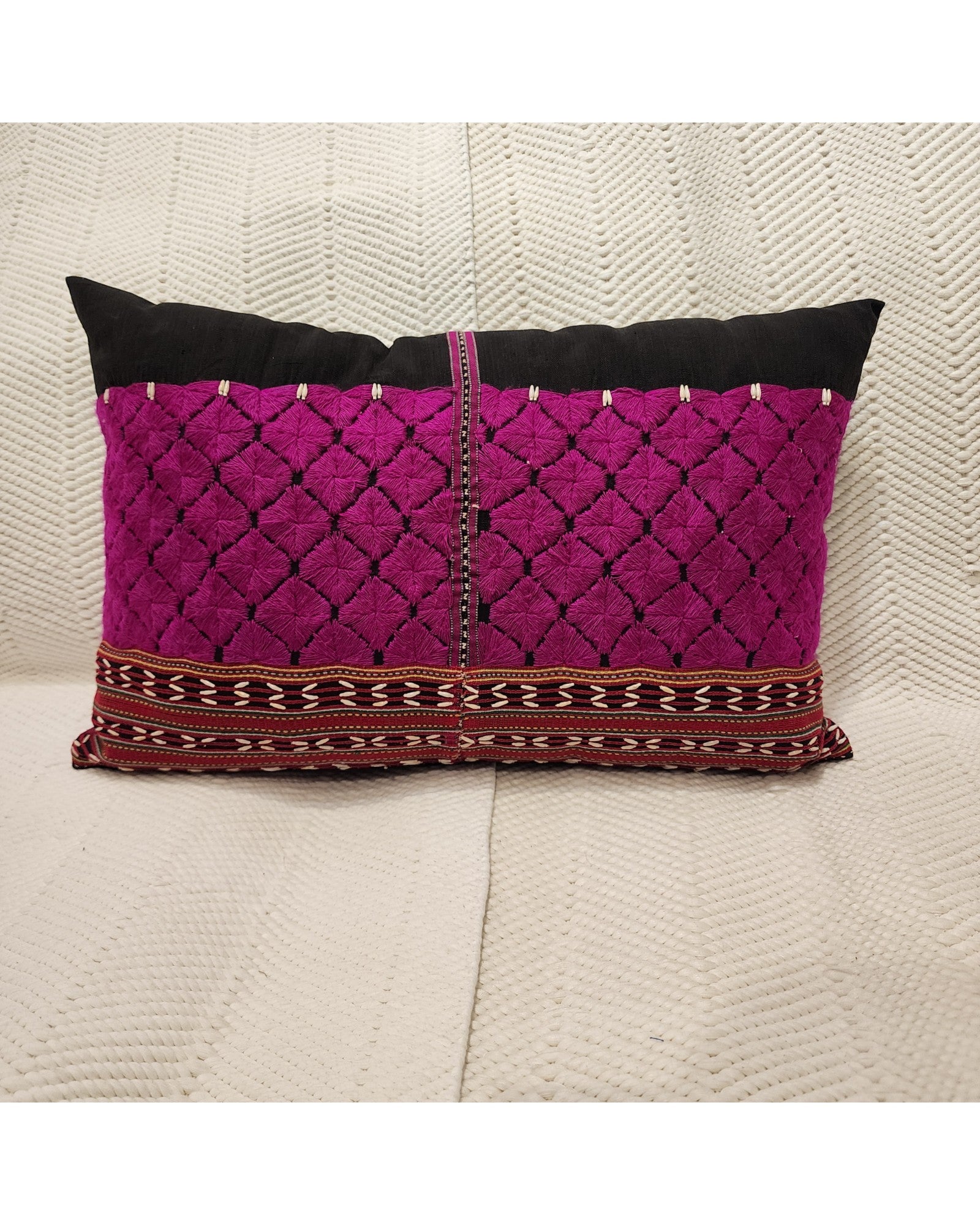 Hilltribe Lumbar Cushion with Beads - Fuchsia