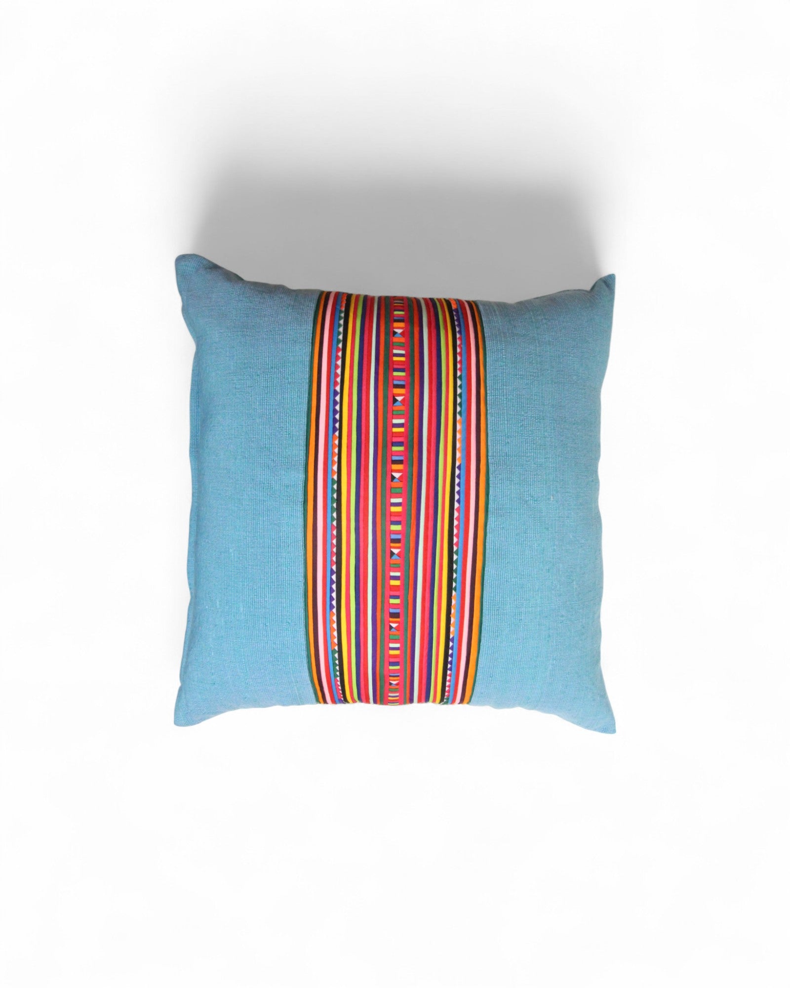 Square Cushion with Handwoven Cotton and Lisu Embroidery - Denim Tone