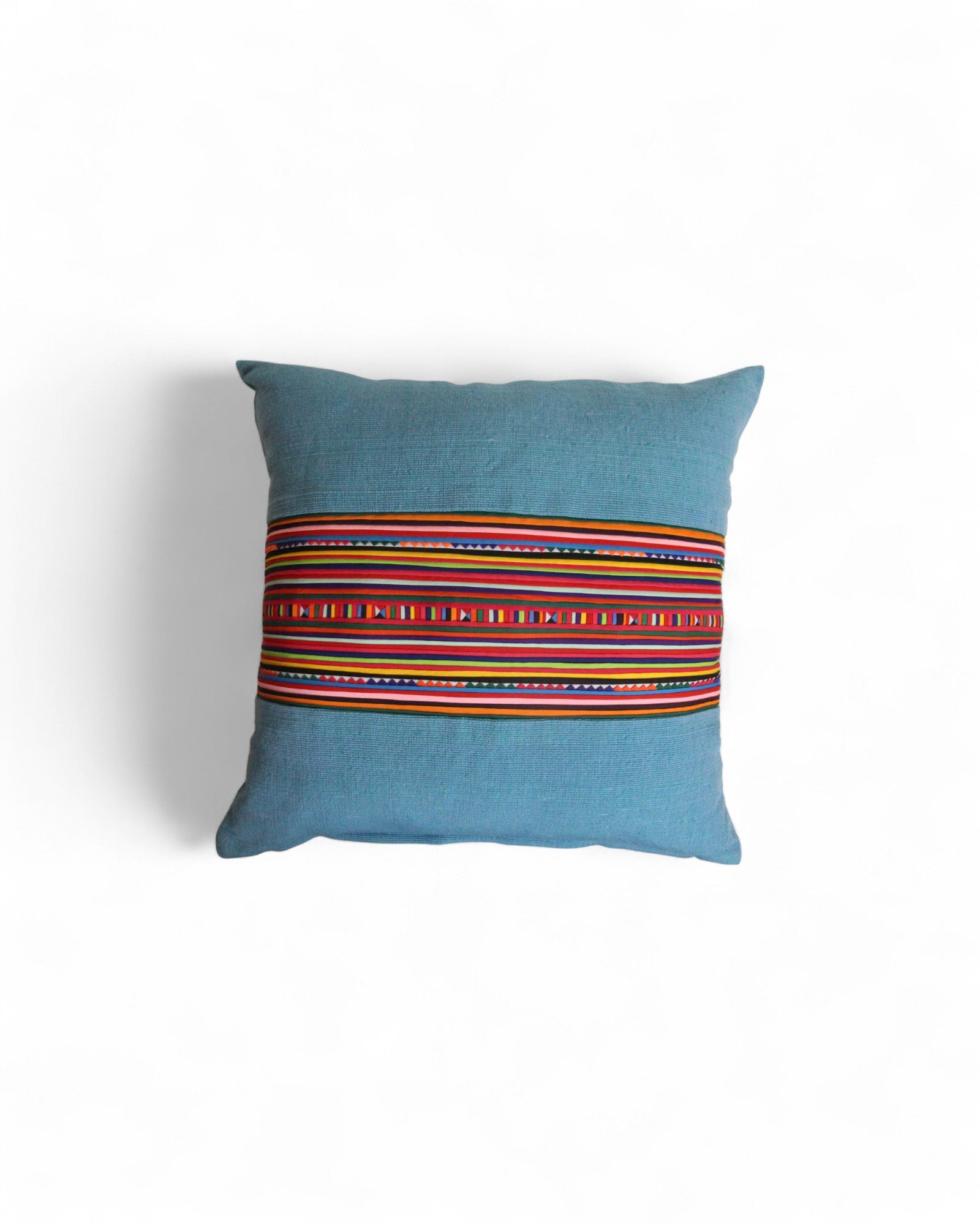 Square Cushion with Handwoven Cotton and Lisu Embroidery - Denim Tone