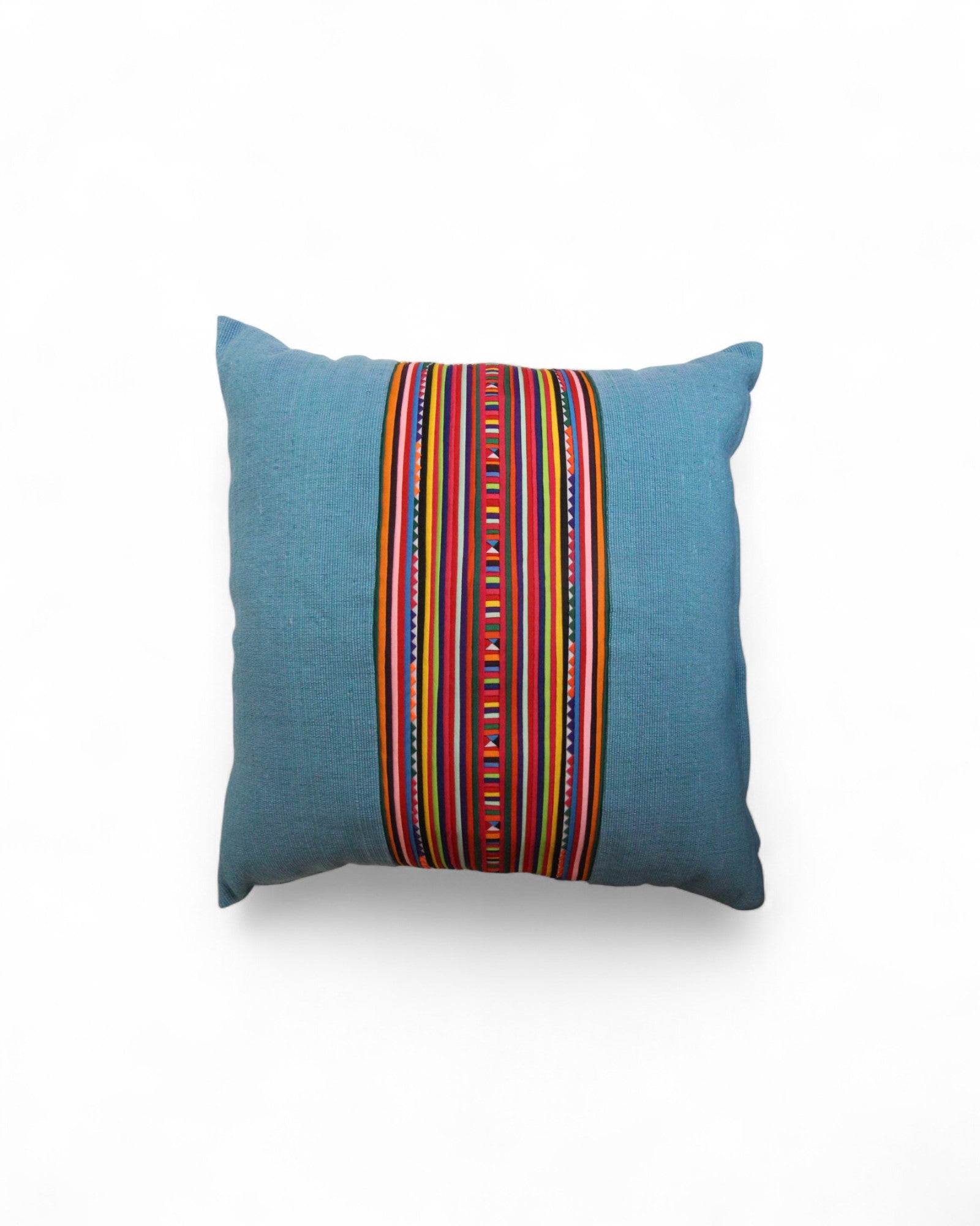 Square Cushion with Handwoven Cotton and Lisu Embroidery - Denim Tone