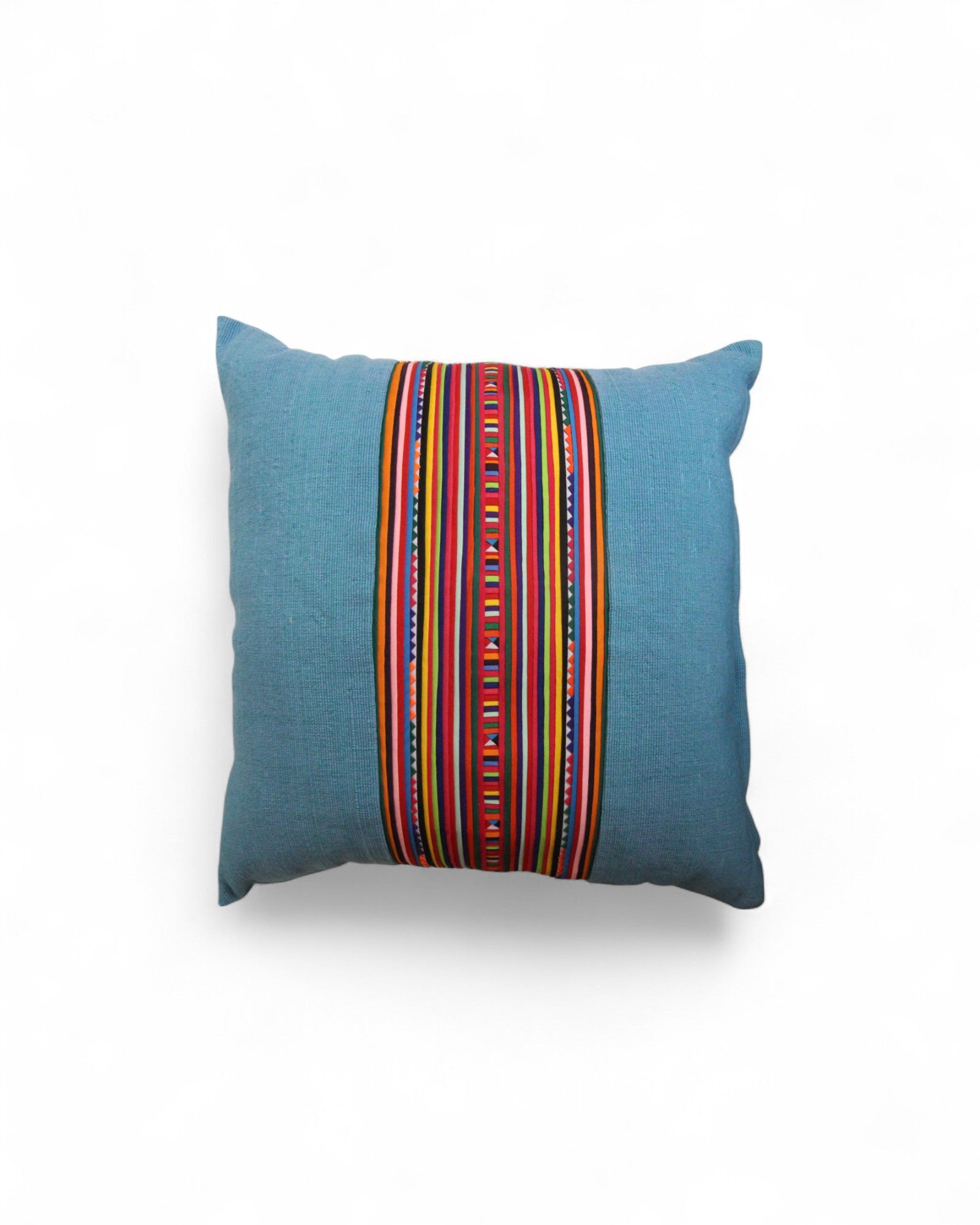 Square Cushion with Handwoven Cotton and Lisu Embroidery - Denim Tone