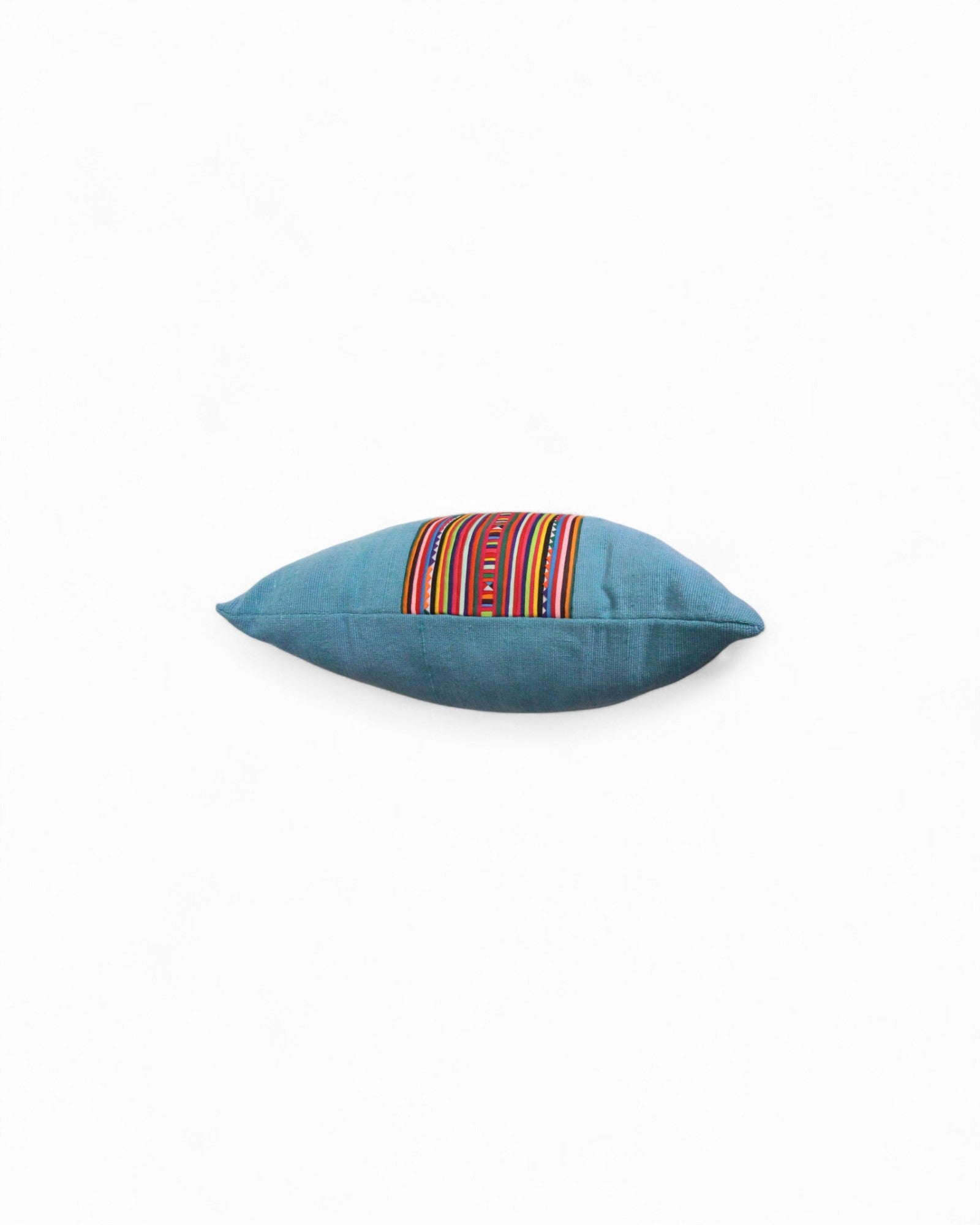 Square Cushion with Handwoven Cotton and Lisu Embroidery - Denim Tone