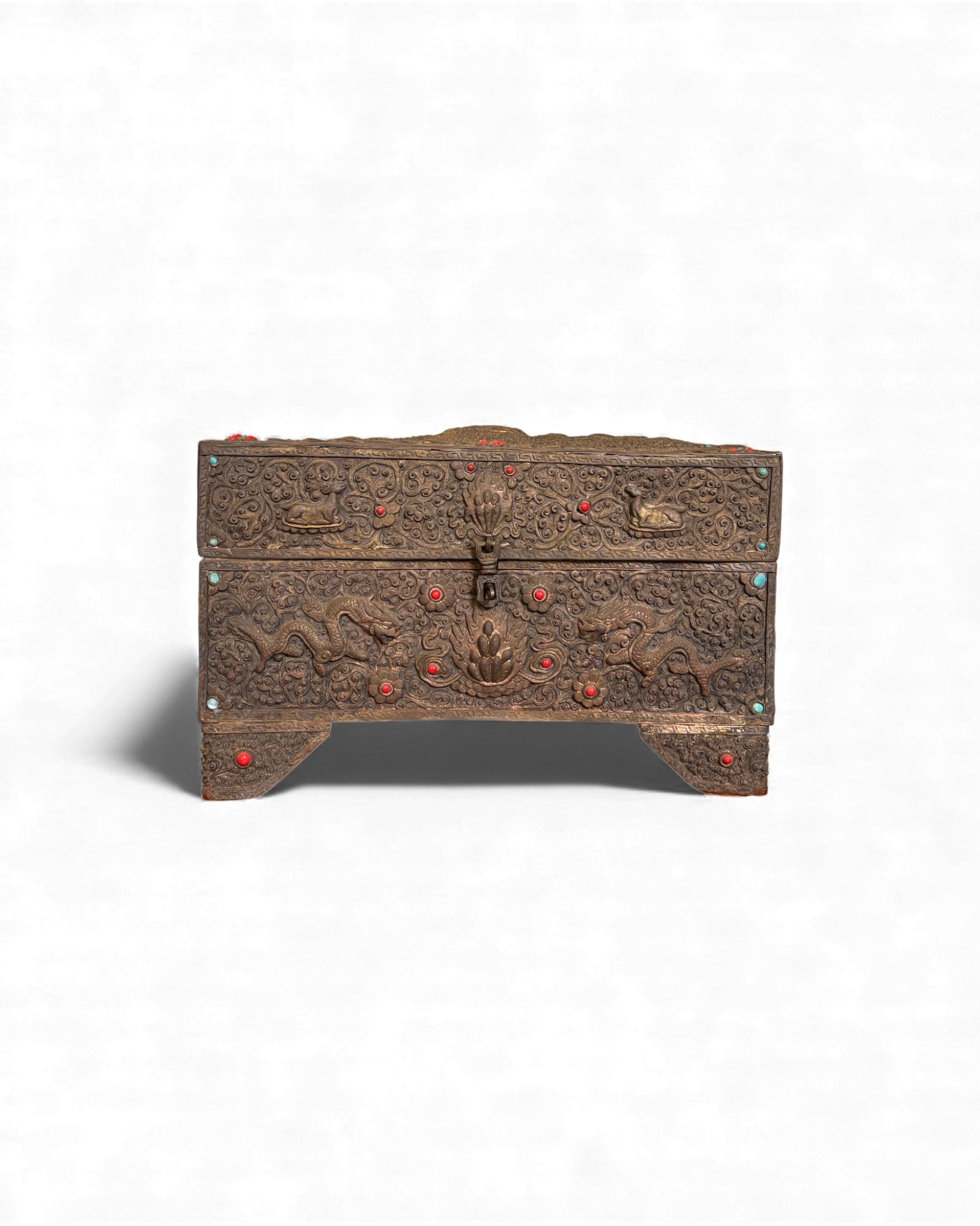 Antique Carved Burmese Chest with Gem Inlays Surround Living - 3