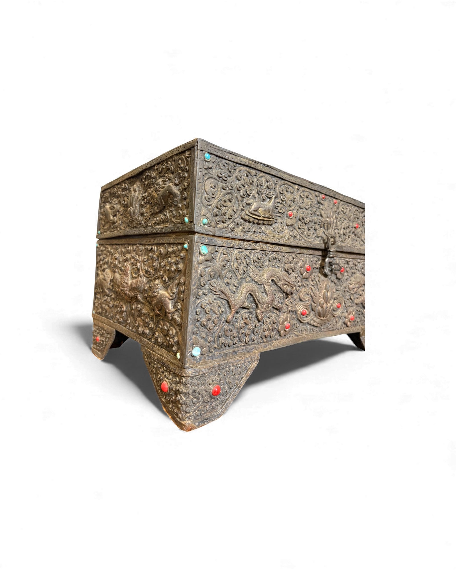Antique Carved Burmese Chest with Gem Inlays Surround Living - 7