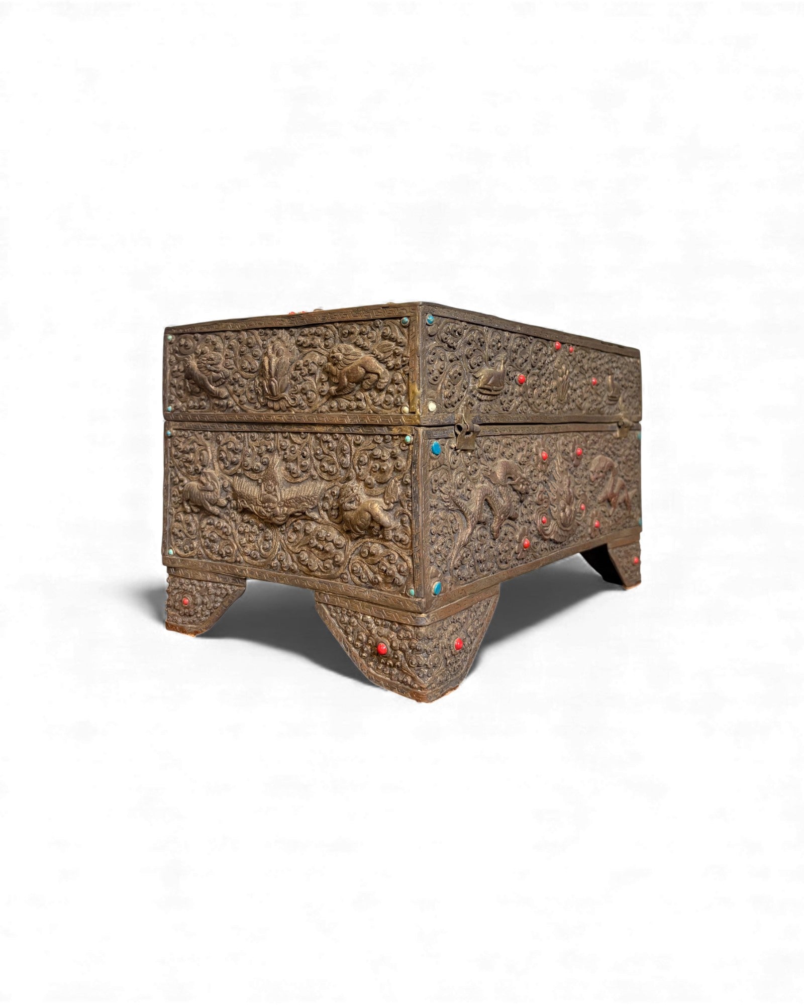 Antique Carved Burmese Chest with Gem Inlays Surround Living - 9
