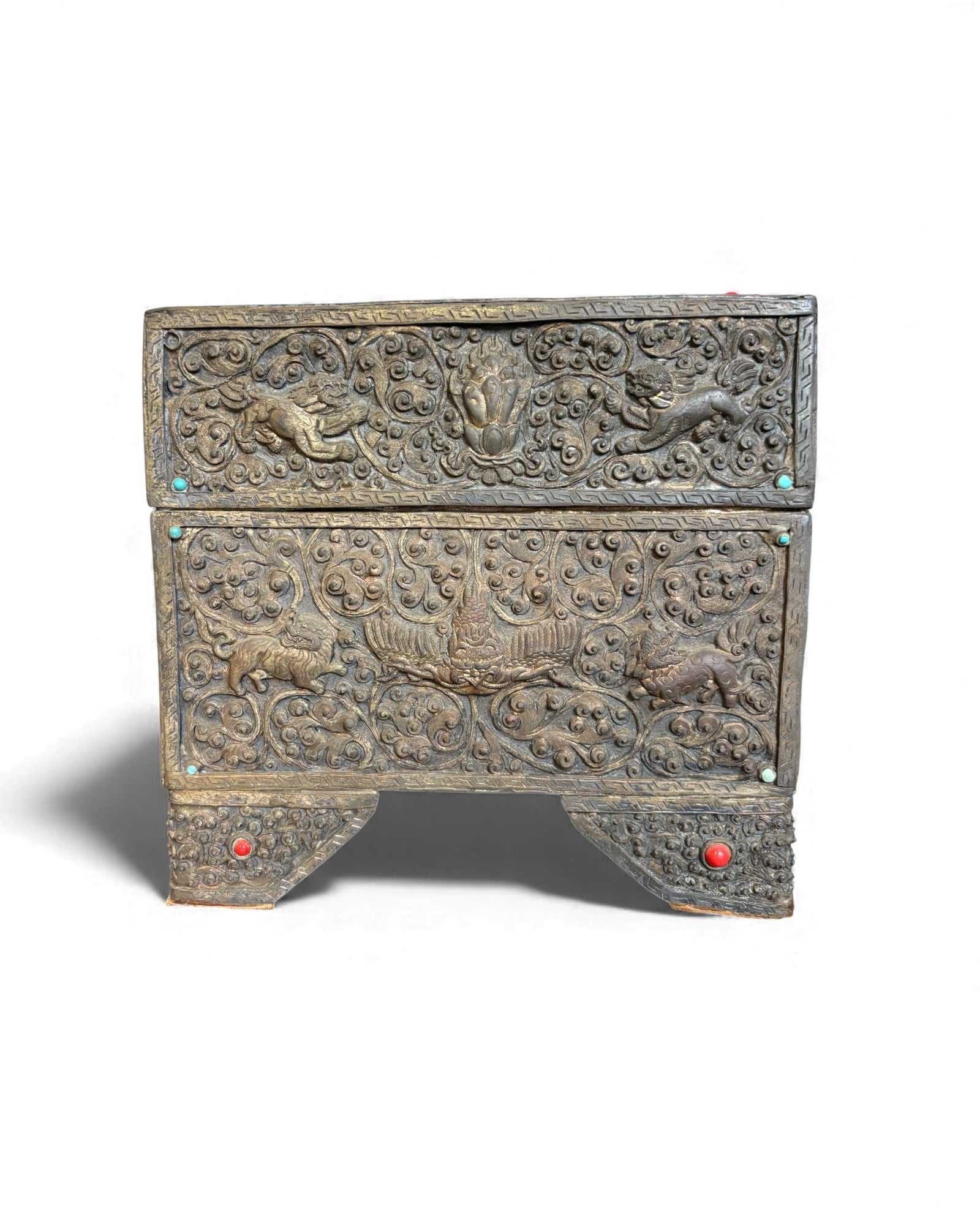 Antique Carved Burmese Chest with Gem Inlays Surround Living - 4