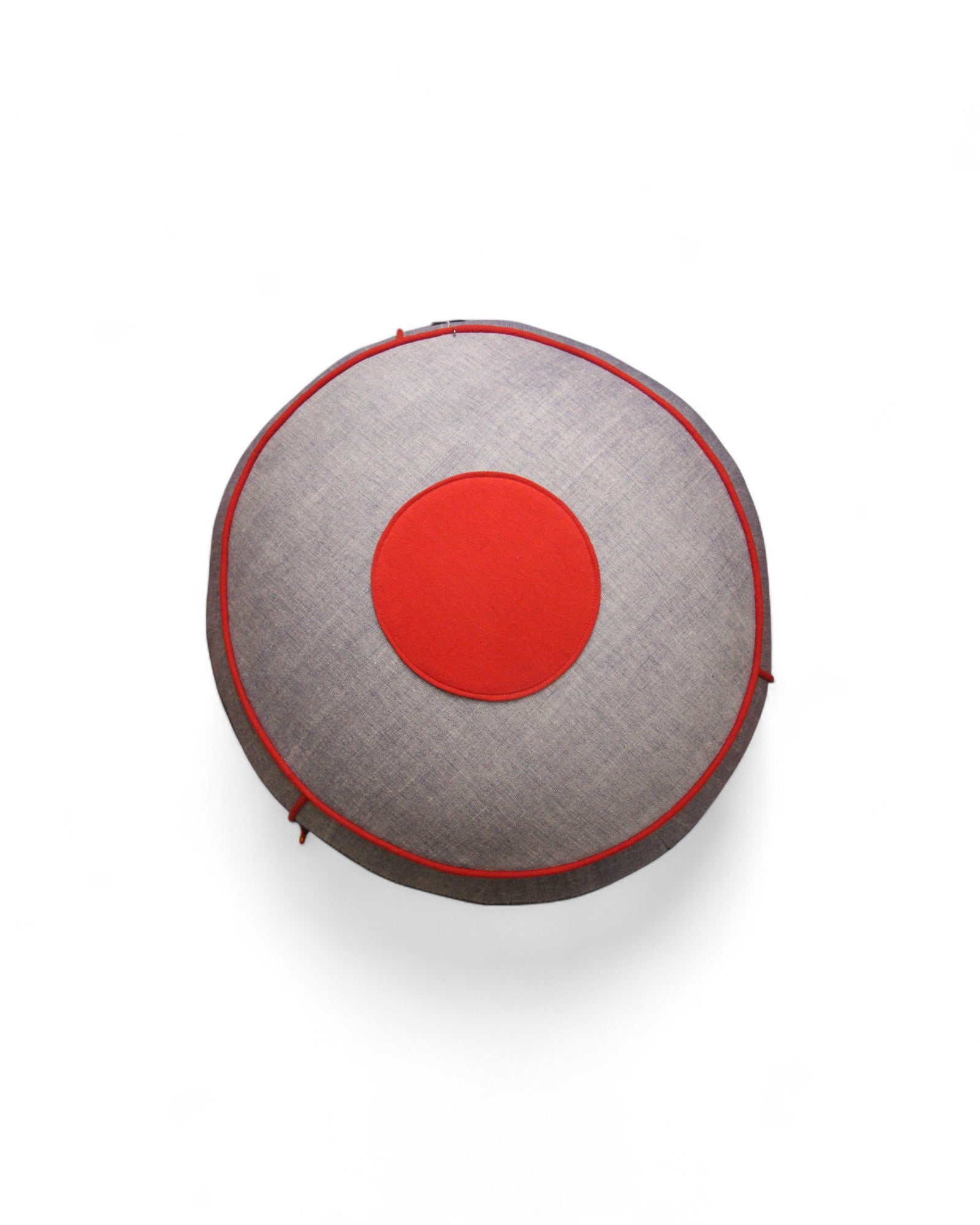 Pouf with Indigo Wax Print, Handwoven Grey Cotton Feat. Red Piping & Flowers