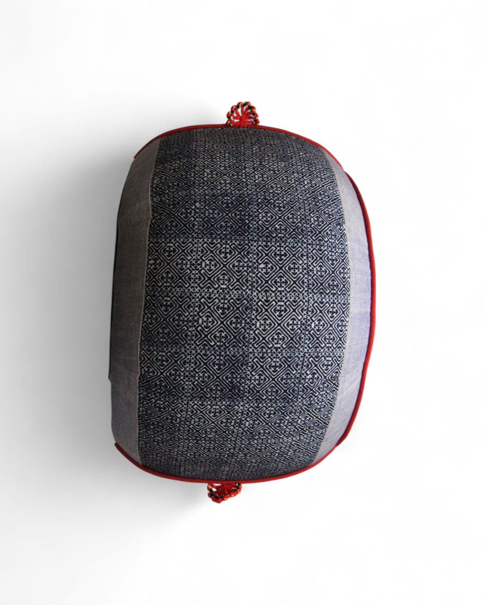 Pouf with Indigo Wax Print, Handwoven Grey Cotton Feat. Red Piping & Flowers