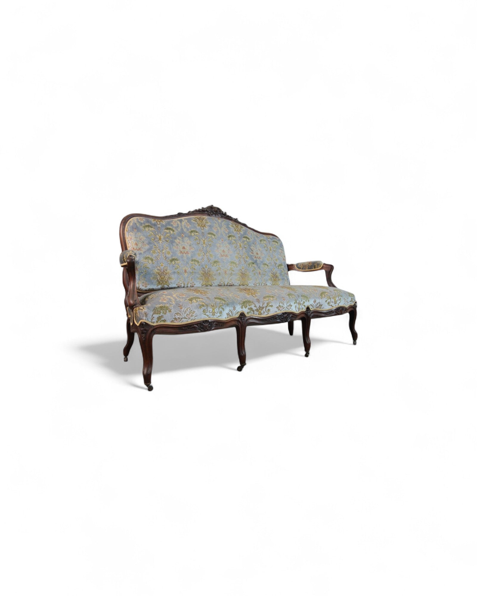 French Louis XV Style Settee with Carved Walnut Frame