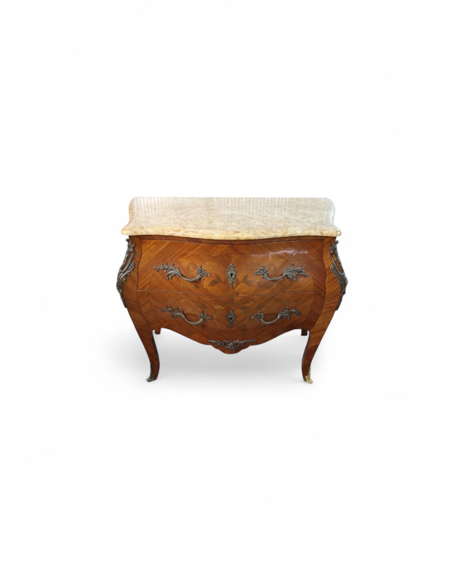 French Louis XV Style Marble-Top Bombe Commode with Ormolu Mounts (c. 1900)