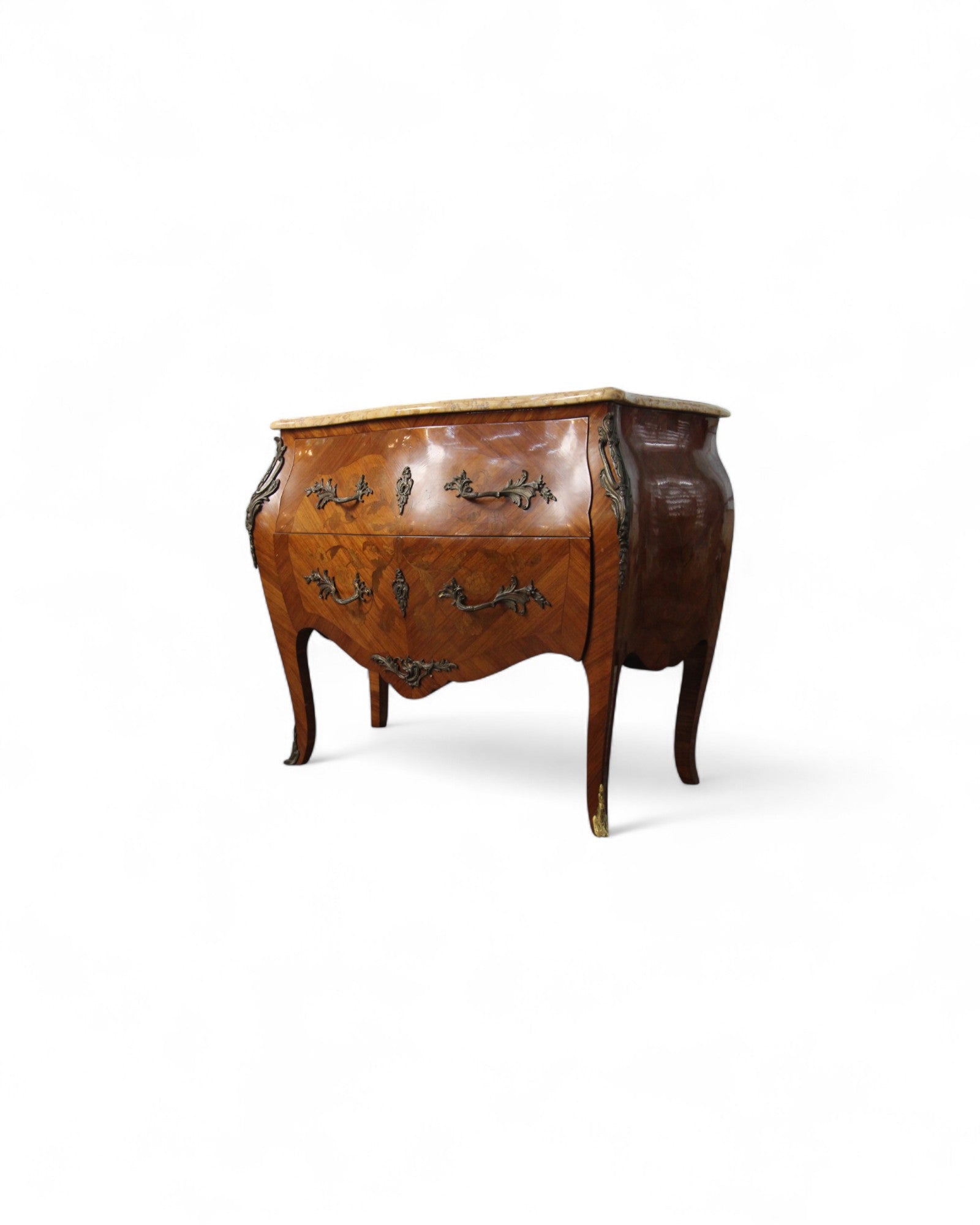 French Louis XV Style Marble-Top Bombe Commode with Ormolu Mounts (c. 1900)