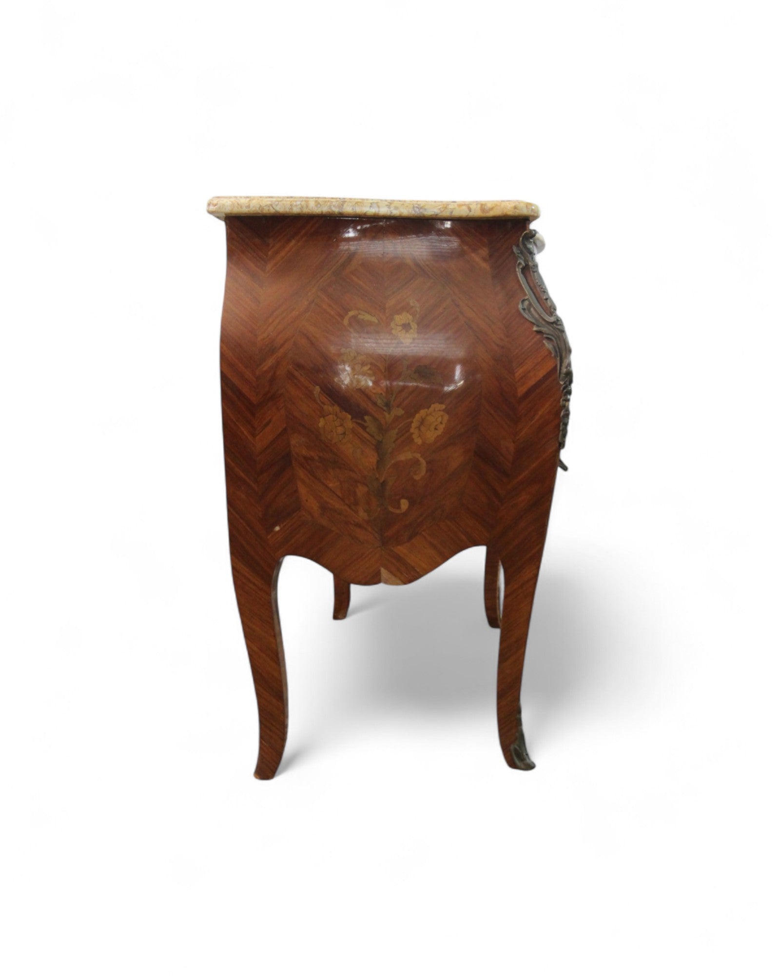 French Louis XV Style Marble-Top Bombe Commode with Ormolu Mounts (c. 1900)