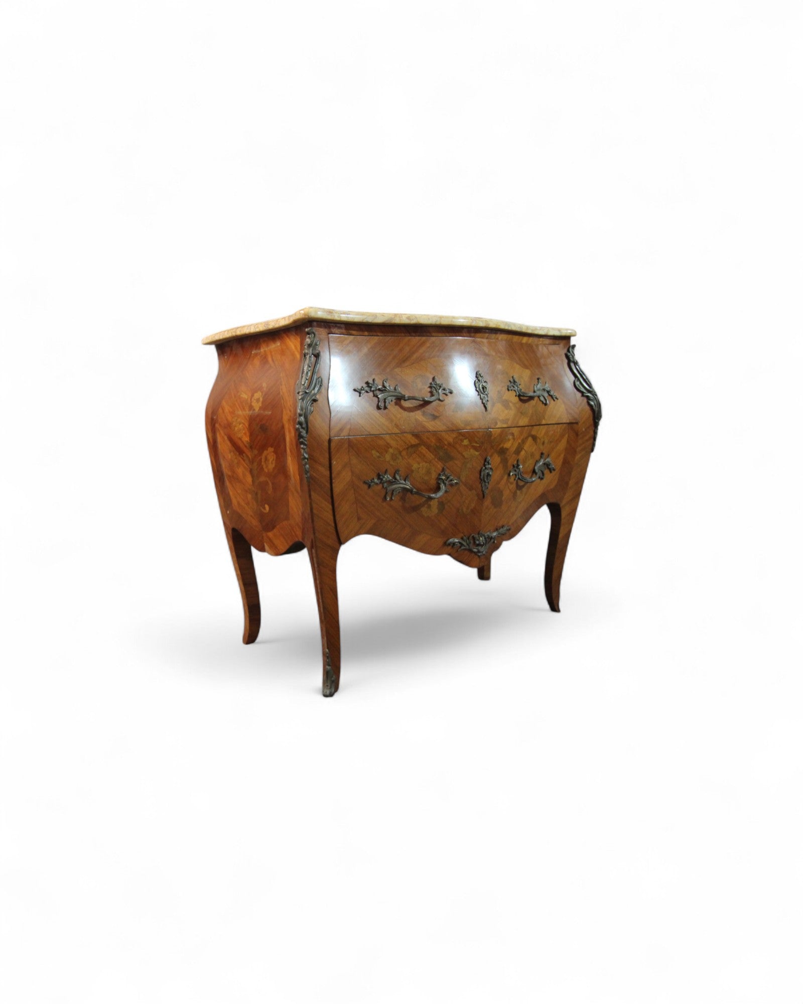 French Louis XV Style Marble-Top Bombe Commode with Ormolu Mounts (c. 1900)