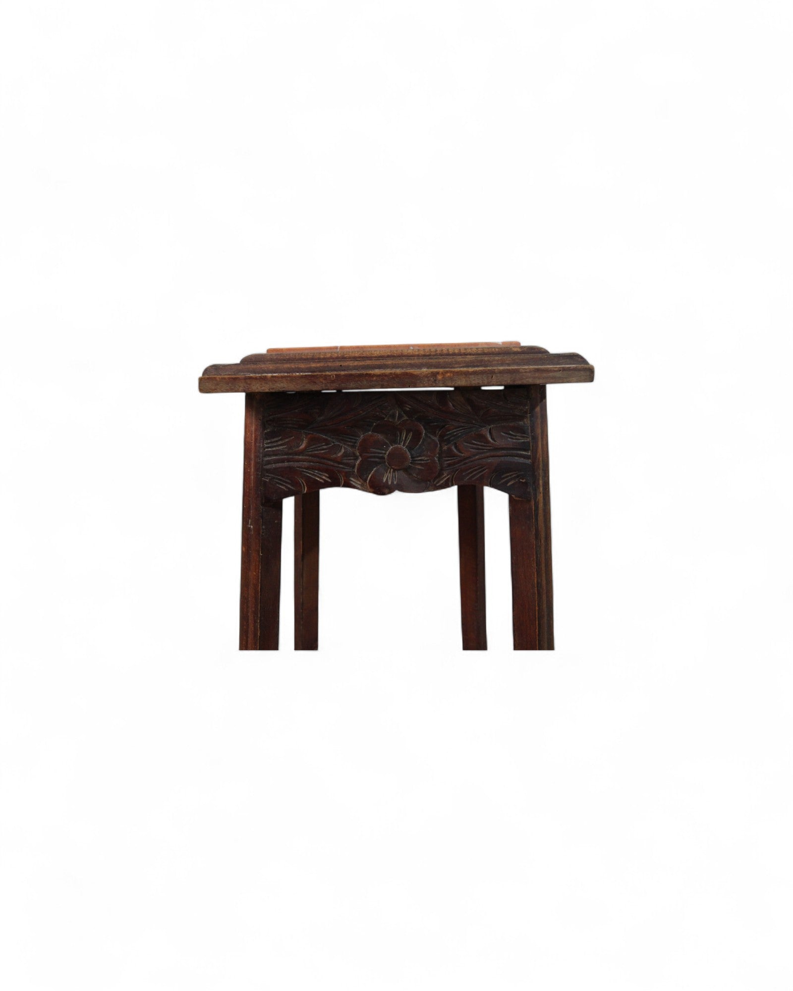 Pink Himalayan Marble Vintage Hand-Carved Wooden Side Table / Pedestal with Floral Apron Detail