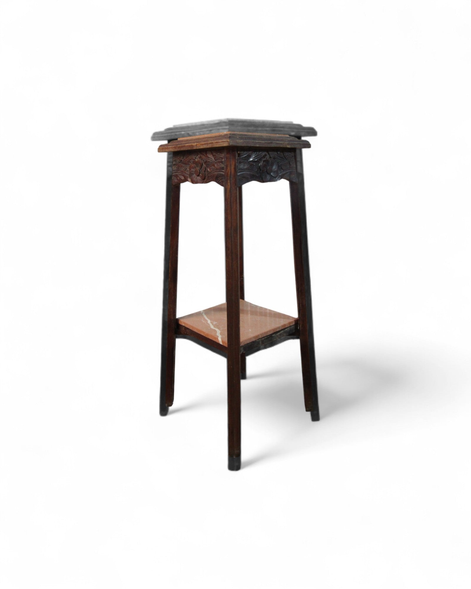Pink Himalayan Marble Vintage Hand-Carved Wooden Side Table / Pedestal with Floral Apron Detail