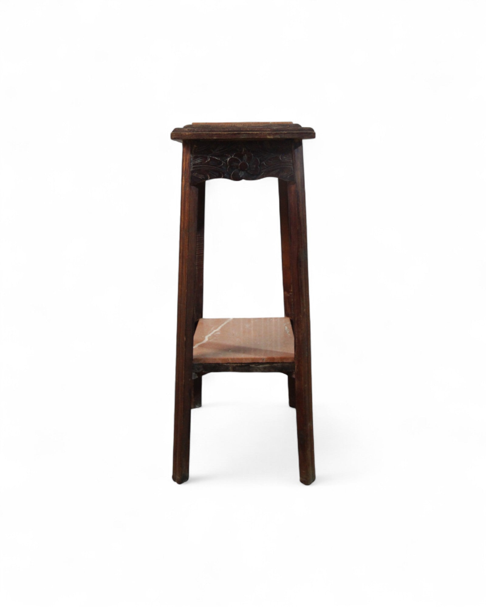 Pink Himalayan Marble Vintage Hand-Carved Wooden Side Table / Pedestal with Floral Apron Detail