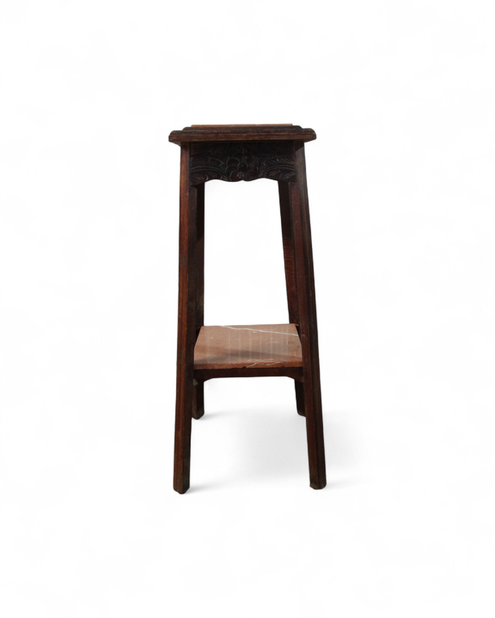 Pink Himalayan Marble Vintage Hand-Carved Wooden Side Table / Pedestal with Floral Apron Detail