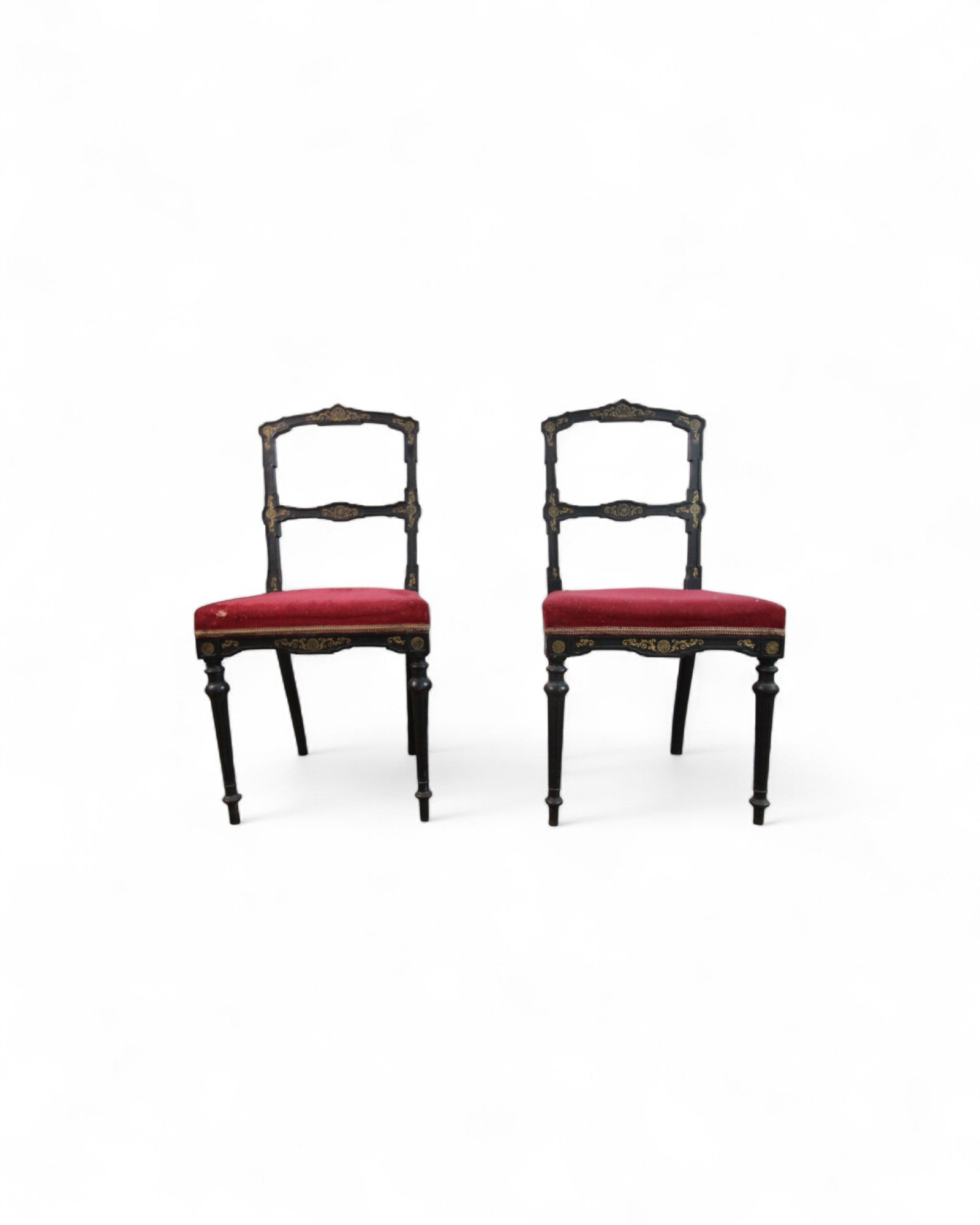 Italian Neoclassical Side Chairs with Red Velvet and Hand-Painted Detailing - Set of 2