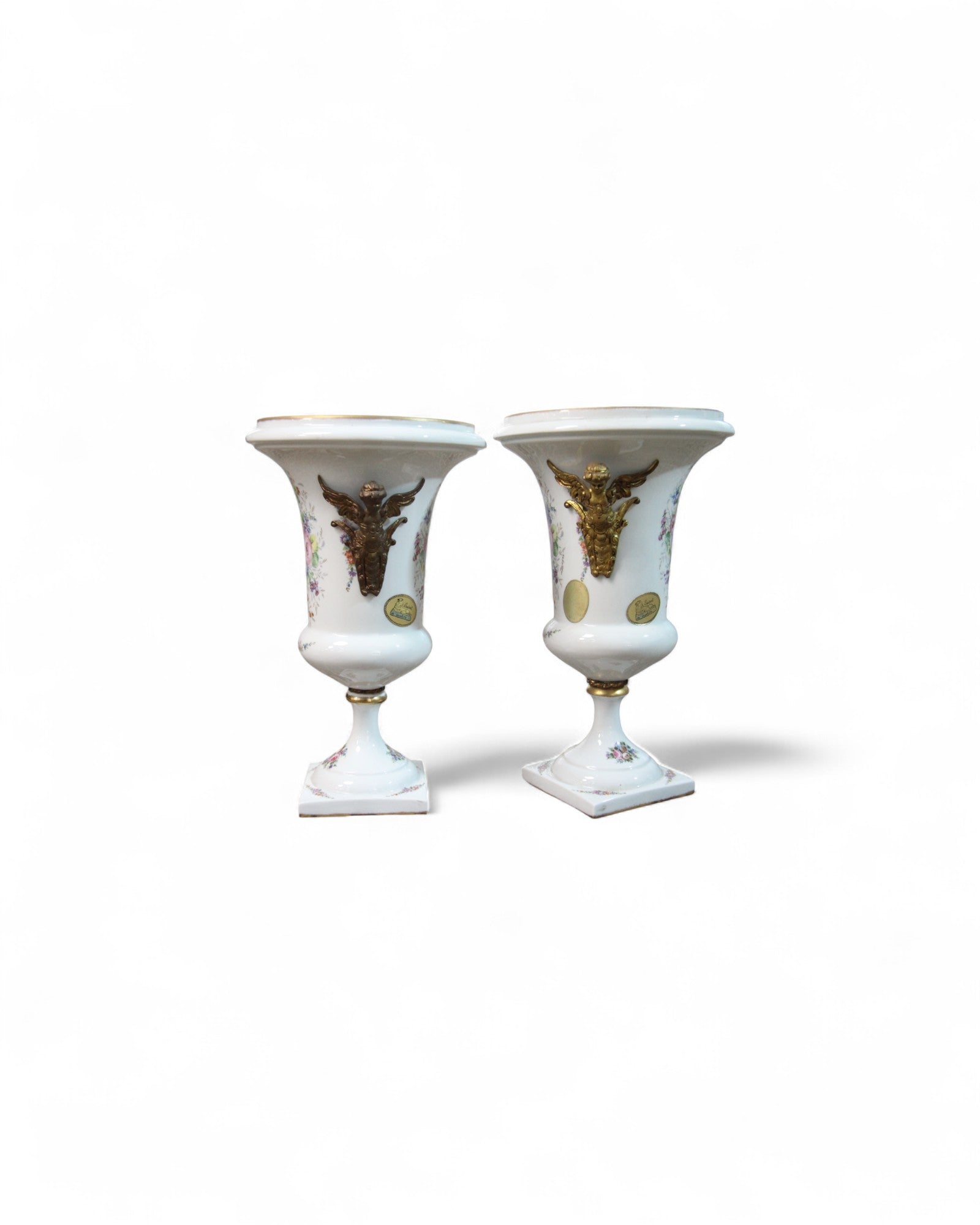 Hand-Painted Porcelain Urns with Gilt Bronze Handles - Set of 2