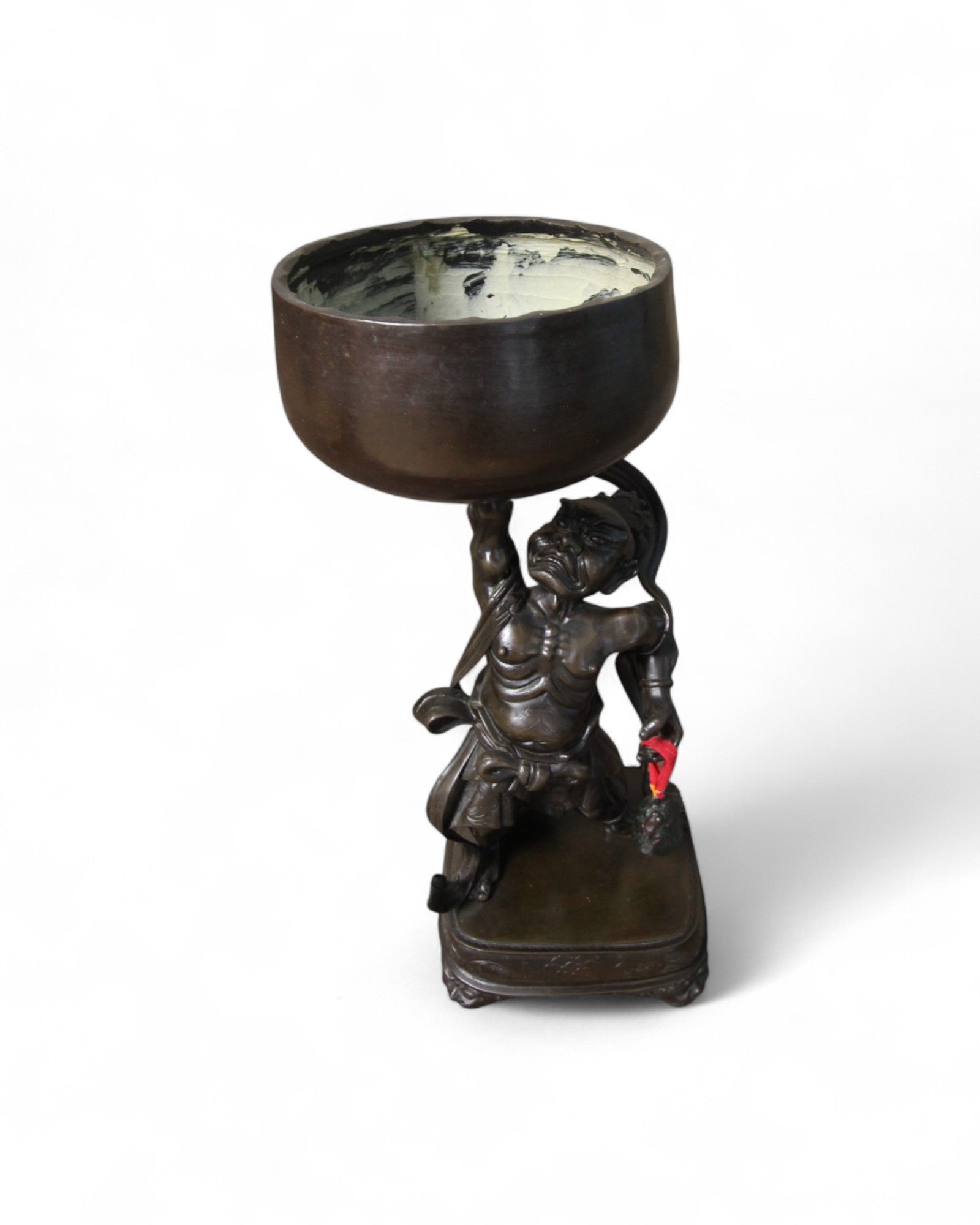 Japanese Bronze Figure of a Guardian Oni Holding Offering Bowl