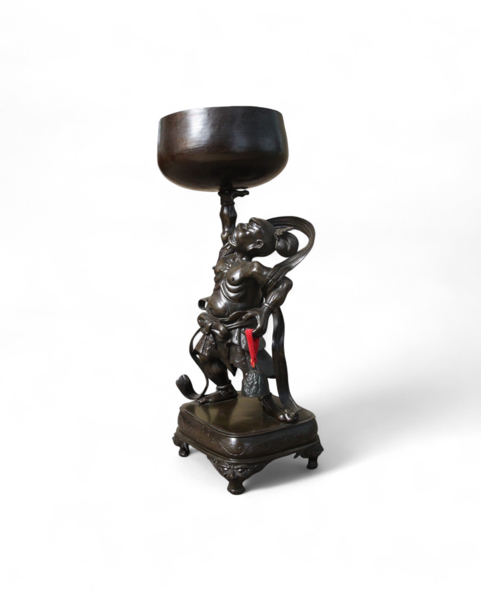Japanese Bronze Figure of a Guardian Oni Holding Offering Bowl