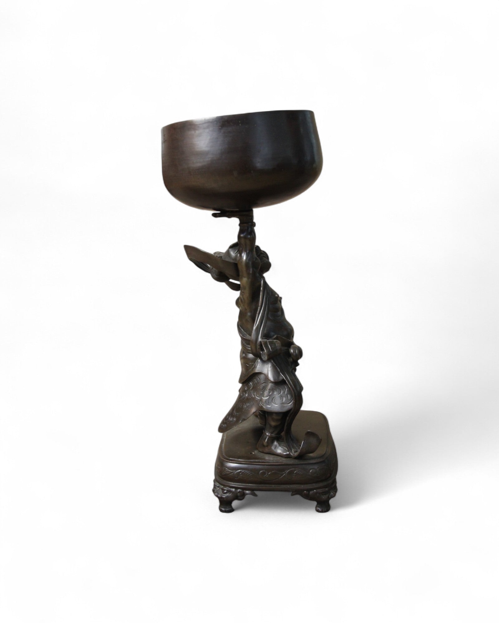 Japanese Bronze Figure of a Guardian Oni Holding Offering Bowl