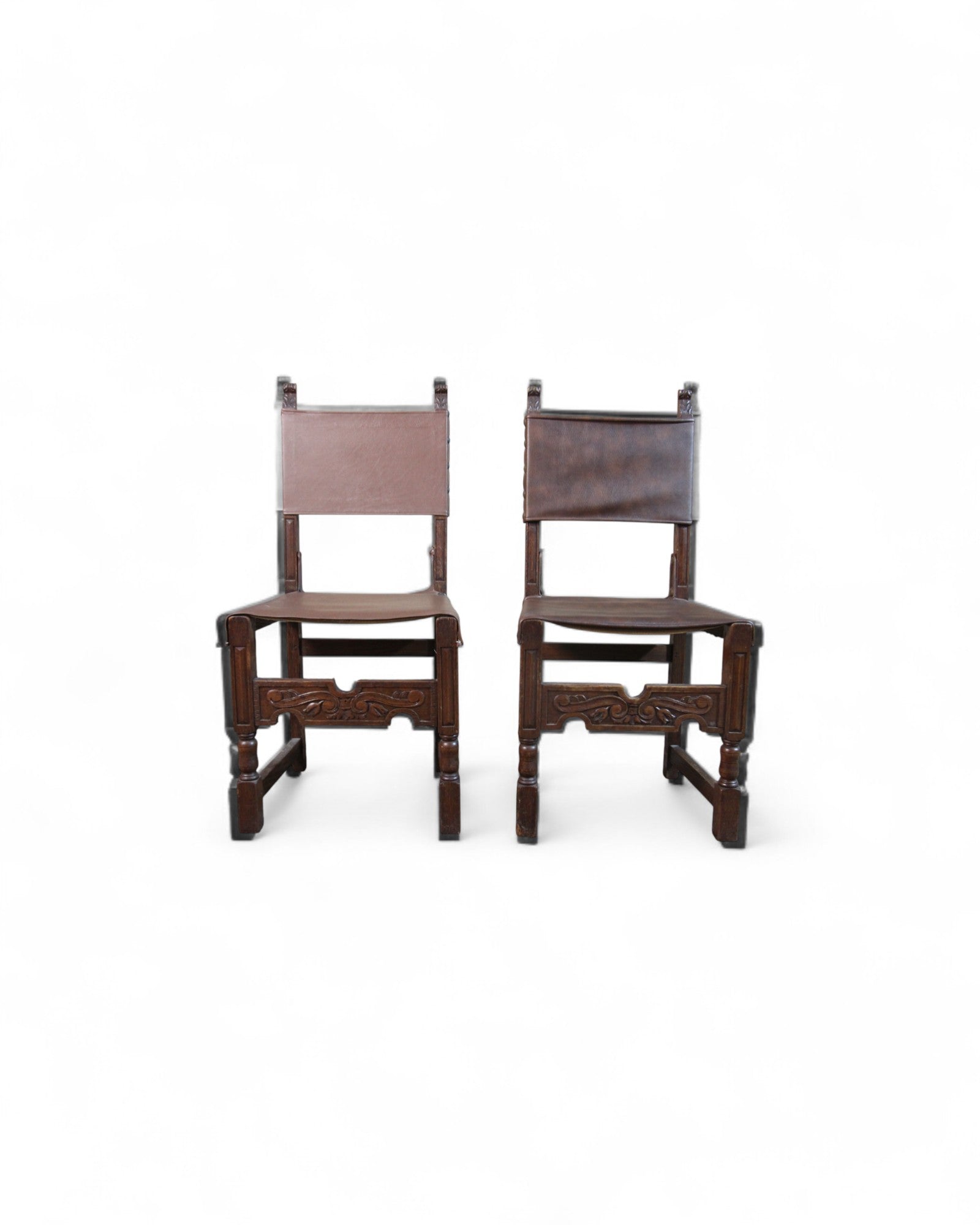 Vintage Spanish Colonial-Style Leather and Carved Wood Side Chairs- Set of 4