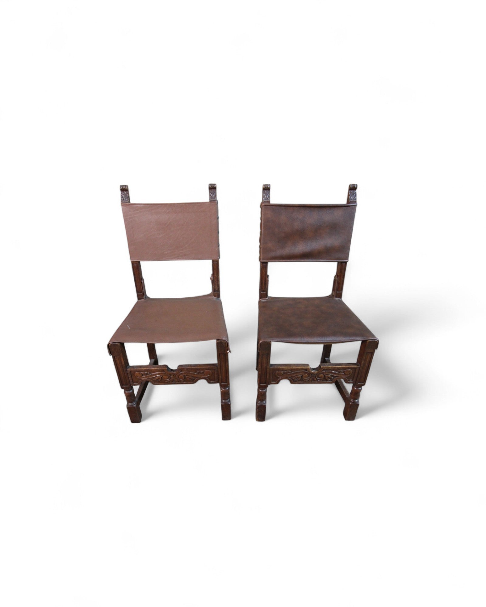 Vintage Spanish Colonial-Style Leather and Carved Wood Side Chairs- Set of 4