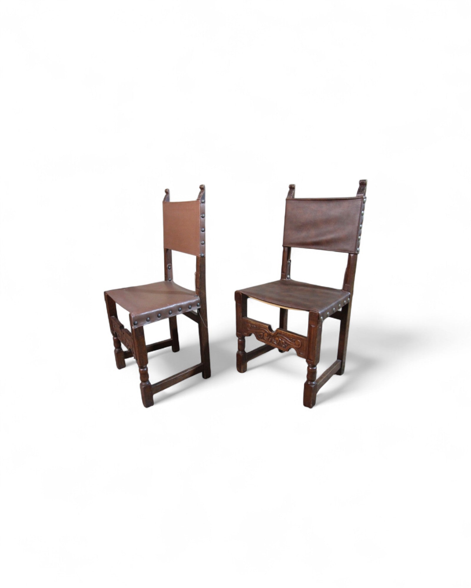 Vintage Spanish Colonial-Style Leather and Carved Wood Side Chairs- Set of 4