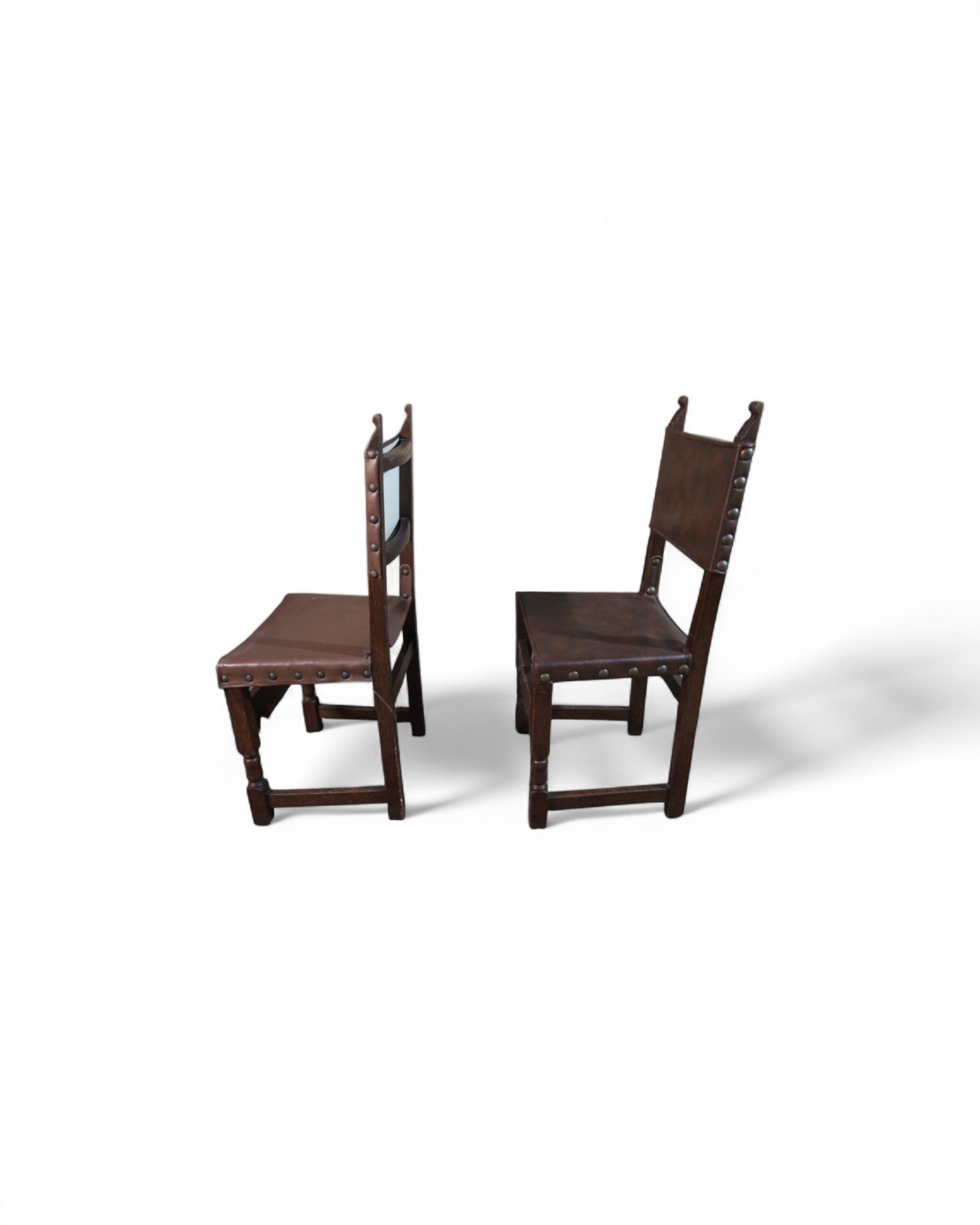 Vintage Spanish Colonial-Style Leather and Carved Wood Side Chairs- Set of 4