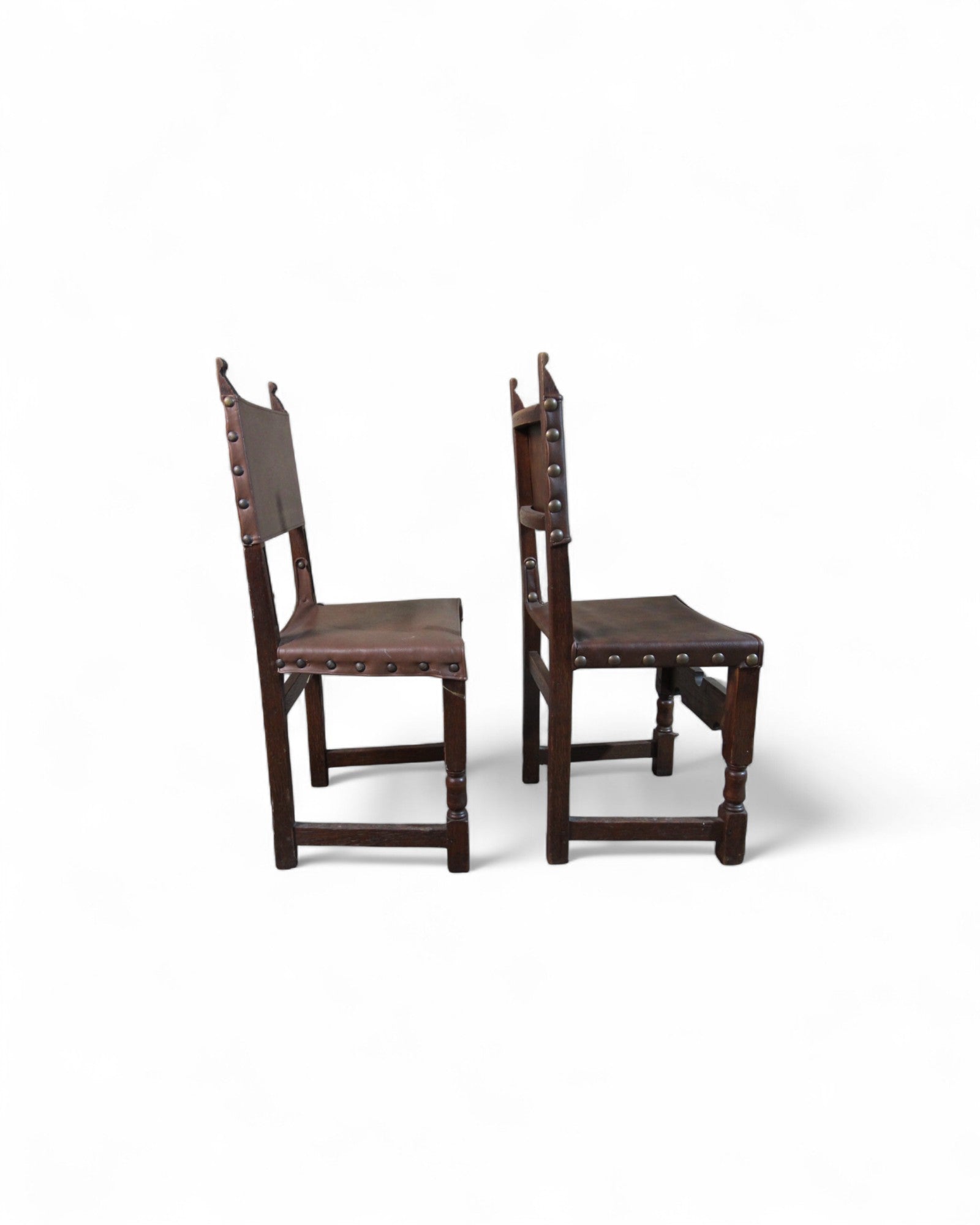 Vintage Spanish Colonial-Style Leather and Carved Wood Side Chairs- Set of 4