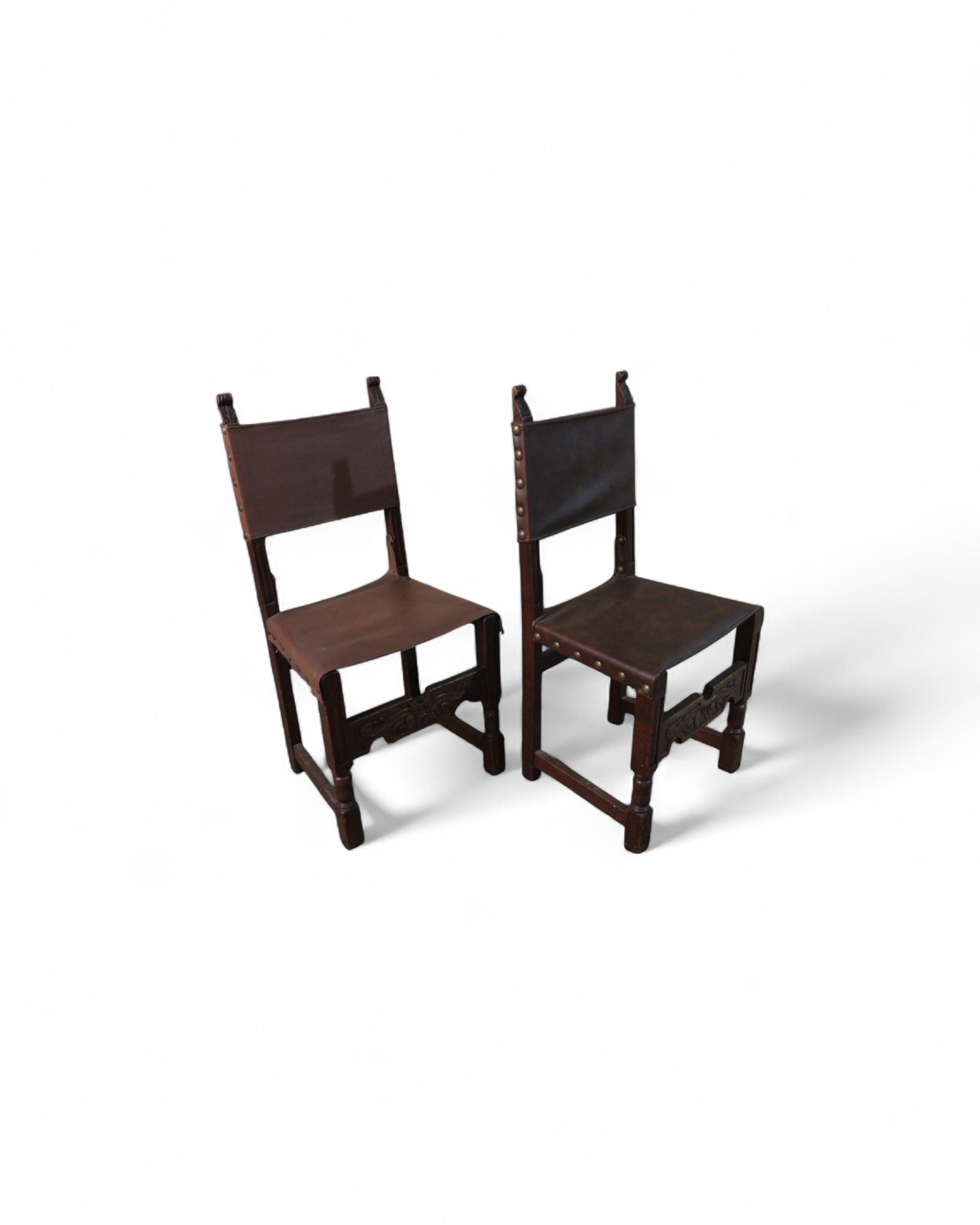 Vintage Spanish Colonial-Style Leather and Carved Wood Side Chairs- Set of 4