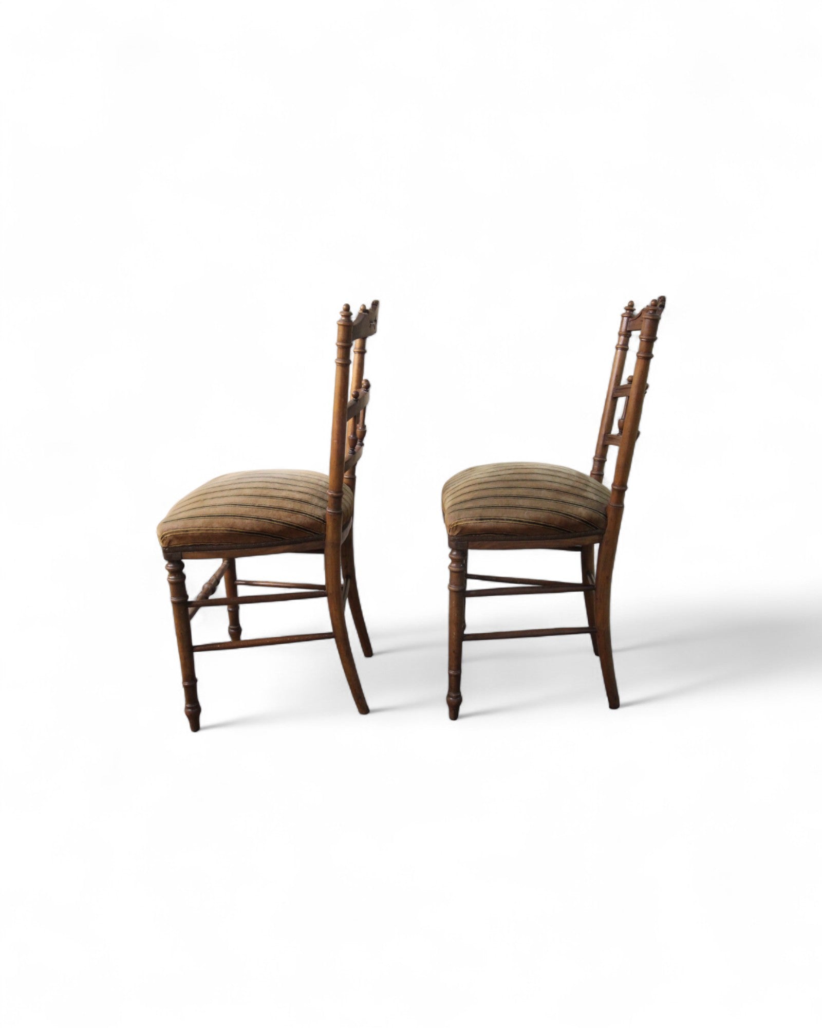 Victorian Carved Balloon-Back Chairs with Striped Upholstery - Set of 2