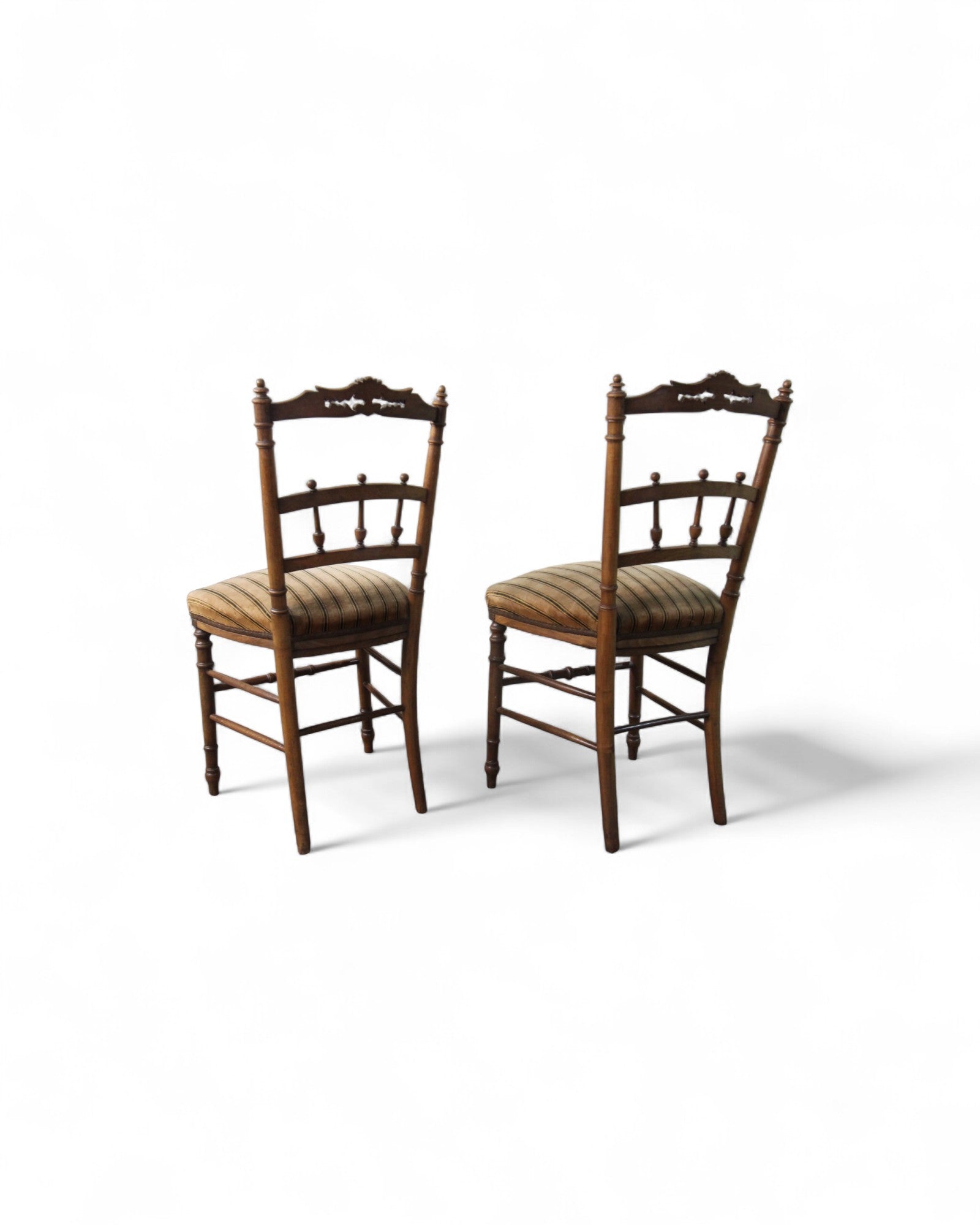 Victorian Carved Balloon-Back Chairs with Striped Upholstery - Set of 2