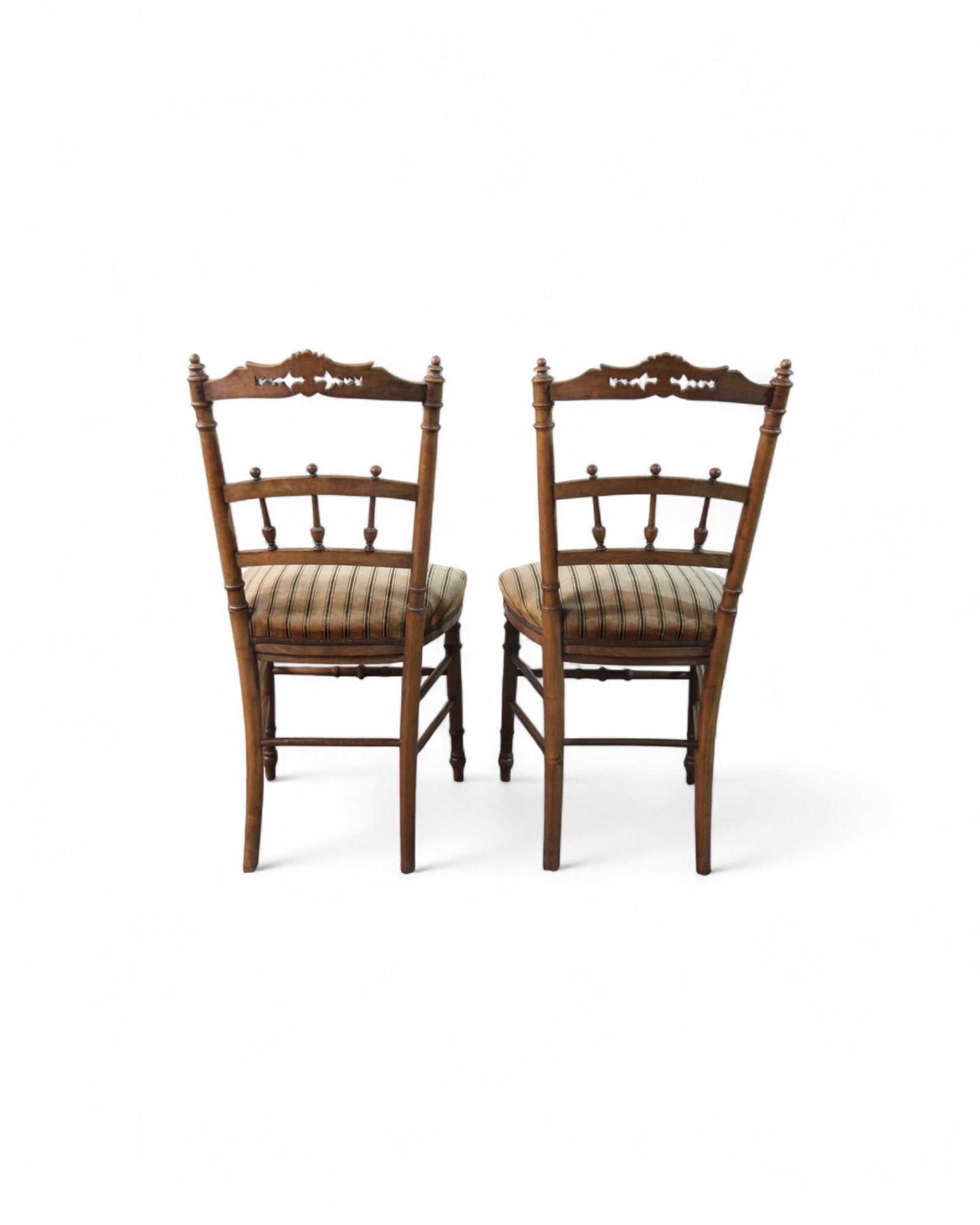 Victorian Carved Balloon-Back Chairs with Striped Upholstery - Set of 2
