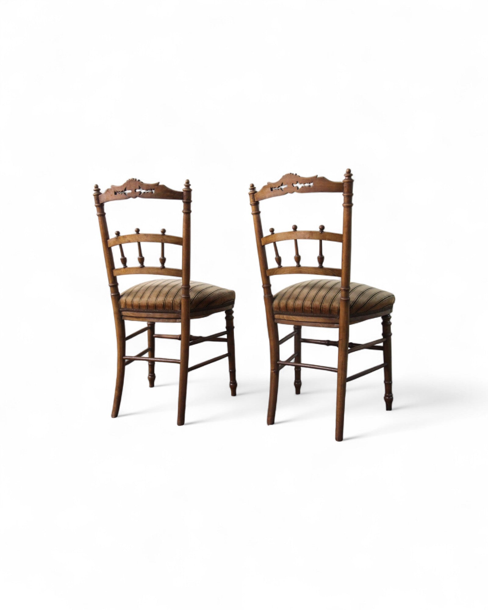 Victorian Carved Balloon-Back Chairs with Striped Upholstery - Set of 2