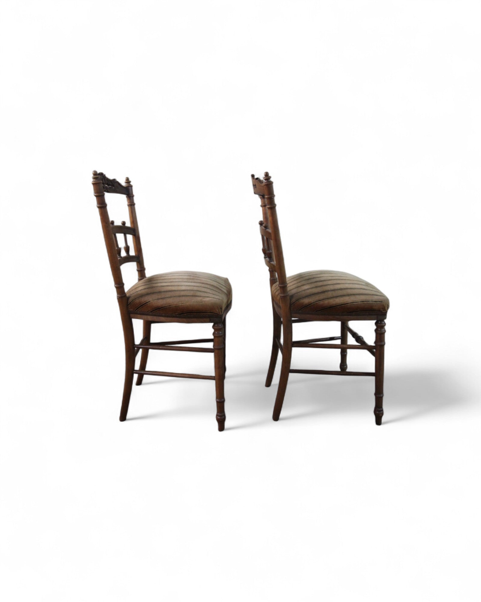 Victorian Carved Balloon-Back Chairs with Striped Upholstery - Set of 2