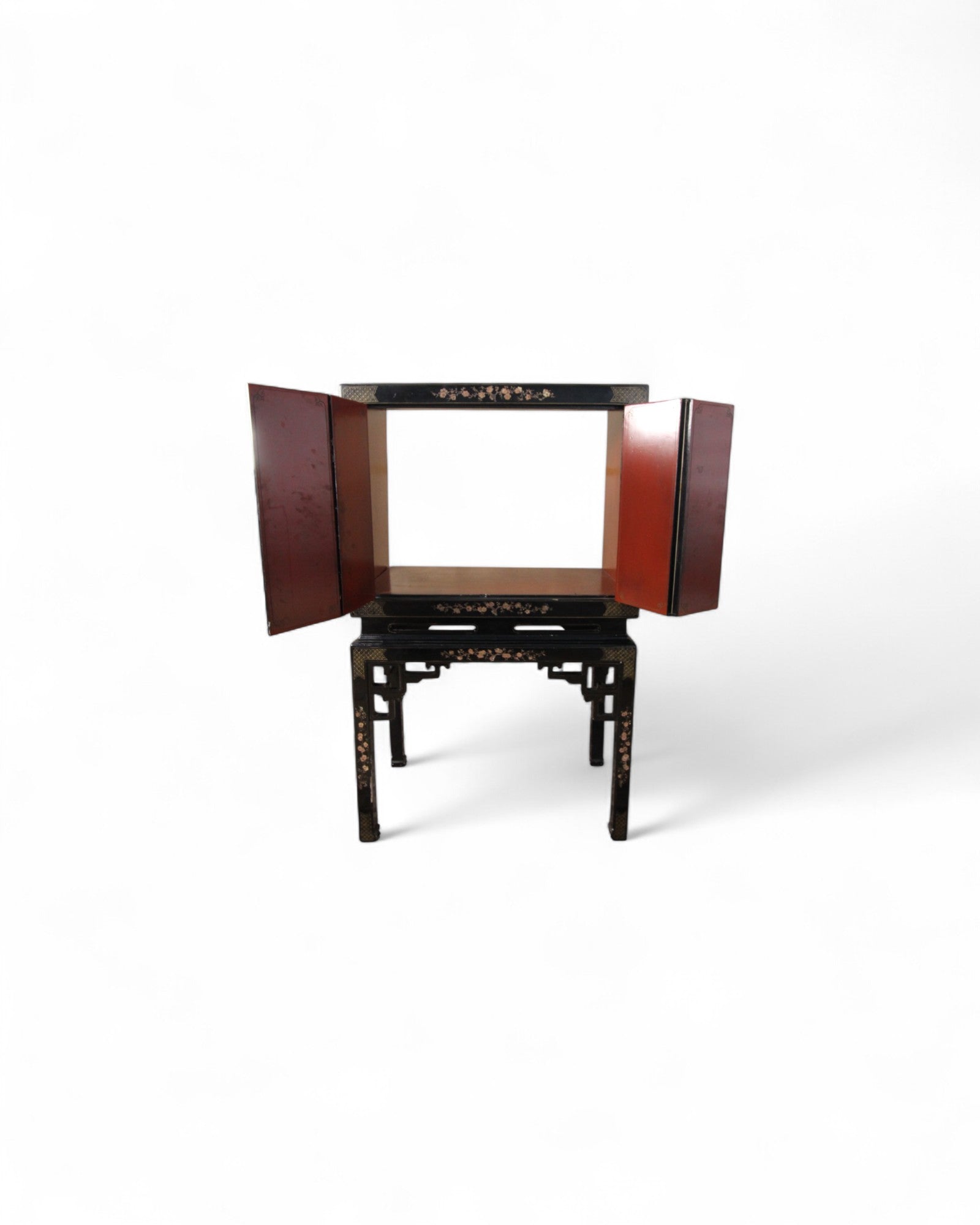 Chinese Black Lacquer Sliding TV Cabinet with Mother-of-Pearl Inlay