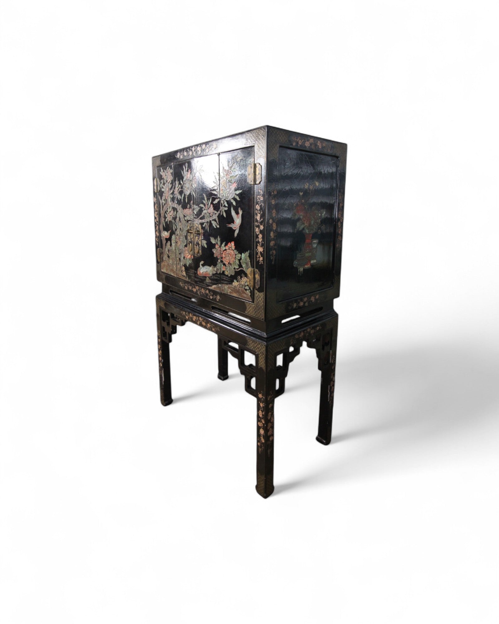 Chinese Black Lacquer Sliding TV Cabinet with Mother-of-Pearl Inlay