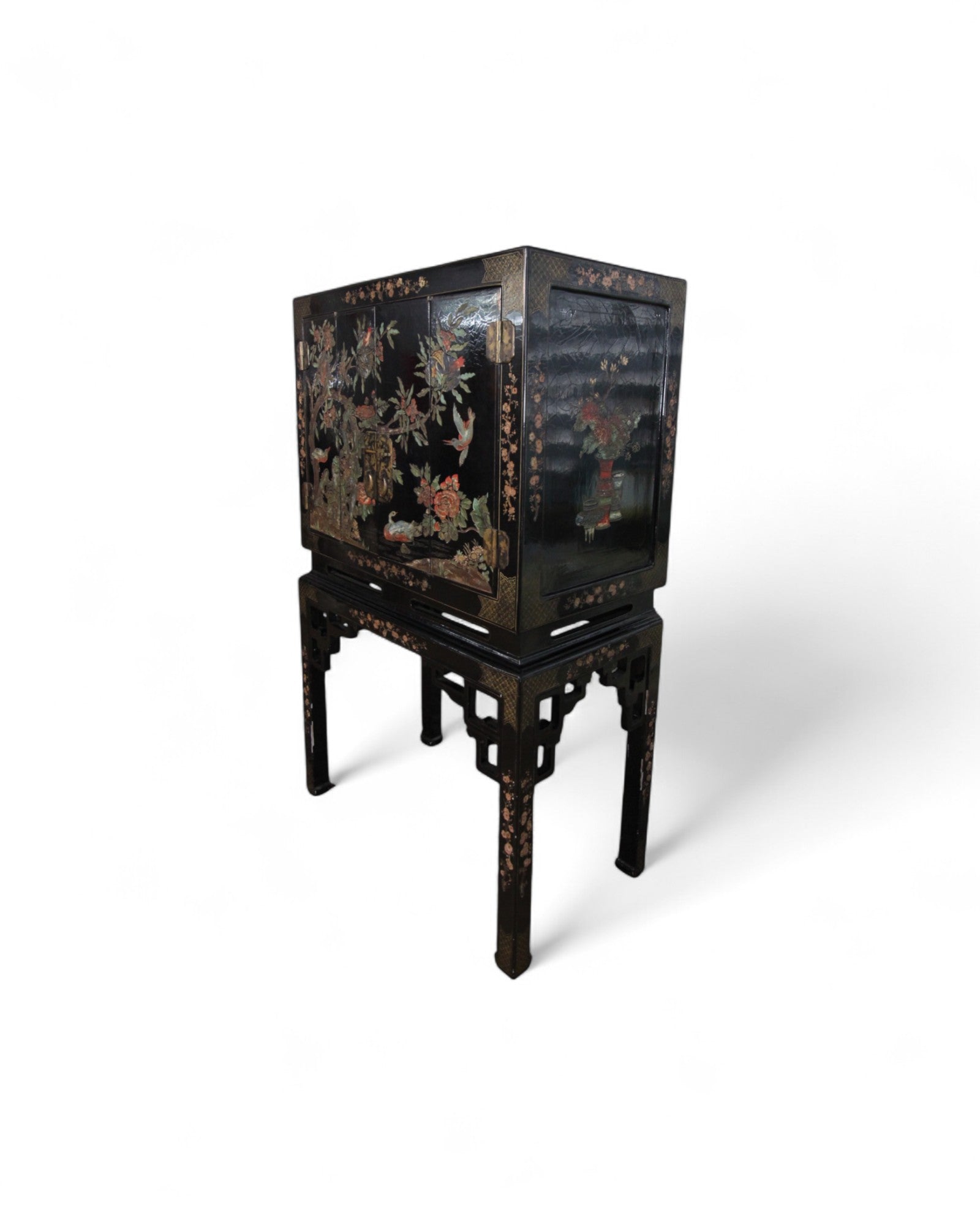 Chinese Black Lacquer Sliding TV Cabinet with Mother-of-Pearl Inlay