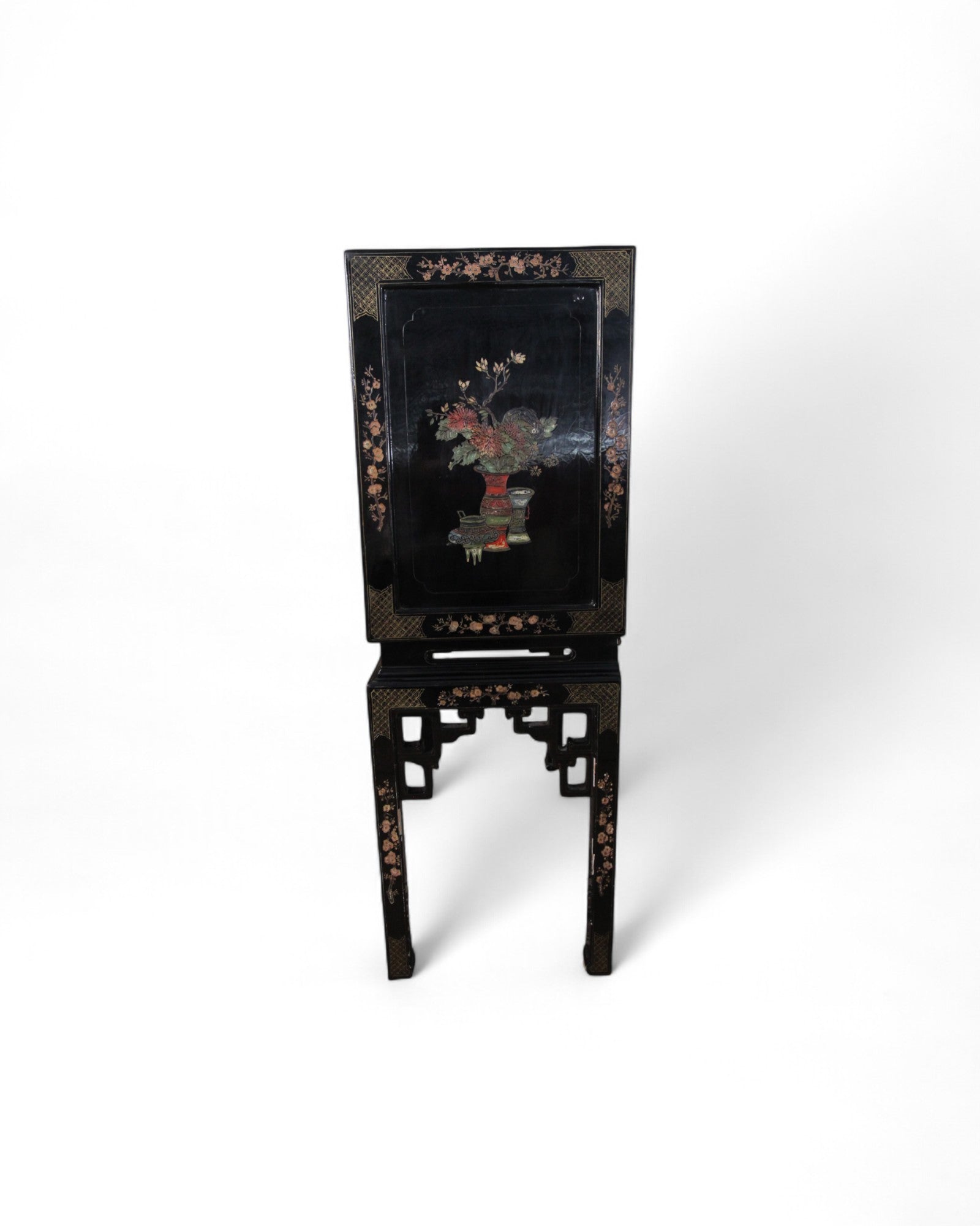 Chinese Black Lacquer Sliding TV Cabinet with Mother-of-Pearl Inlay