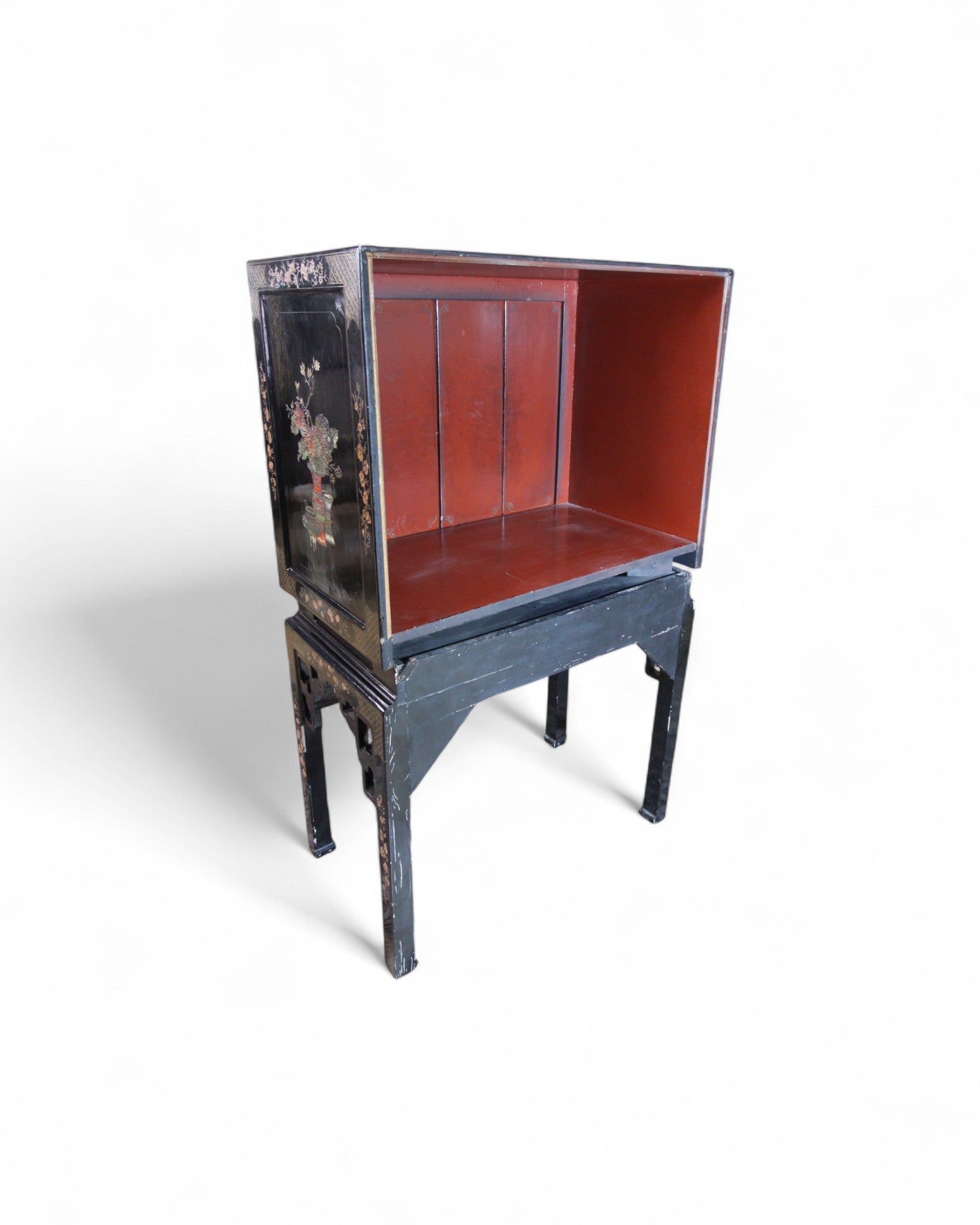 Chinese Black Lacquer Sliding TV Cabinet with Mother-of-Pearl Inlay