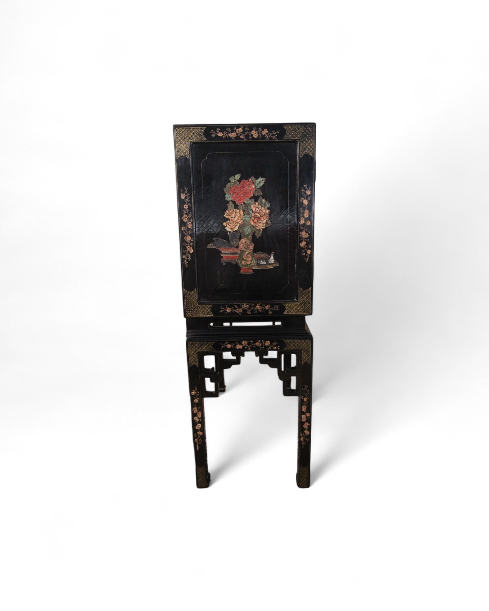 Chinese Black Lacquer Sliding TV Cabinet with Mother-of-Pearl Inlay