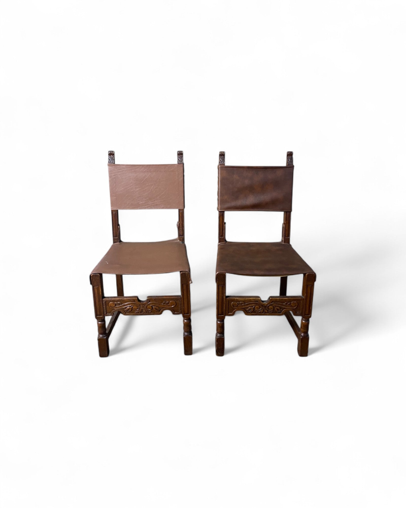 Vintage Spanish Colonial-Style Leather and Carved Wood Side Chairs- Set of 4