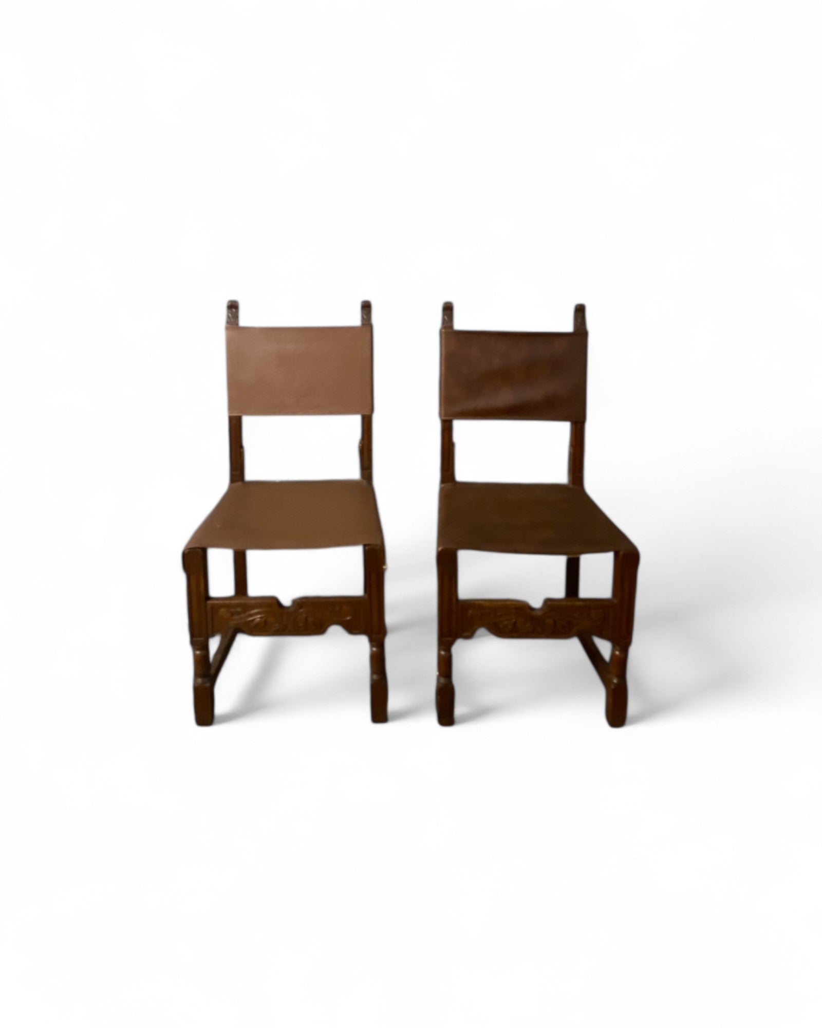 Vintage Spanish Colonial-Style Leather and Carved Wood Side Chairs- Set of 4