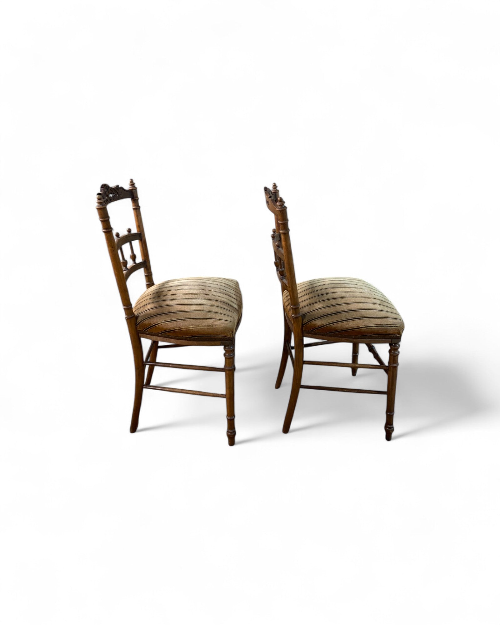 Victorian Carved Balloon-Back Chairs with Striped Upholstery - Set of 2