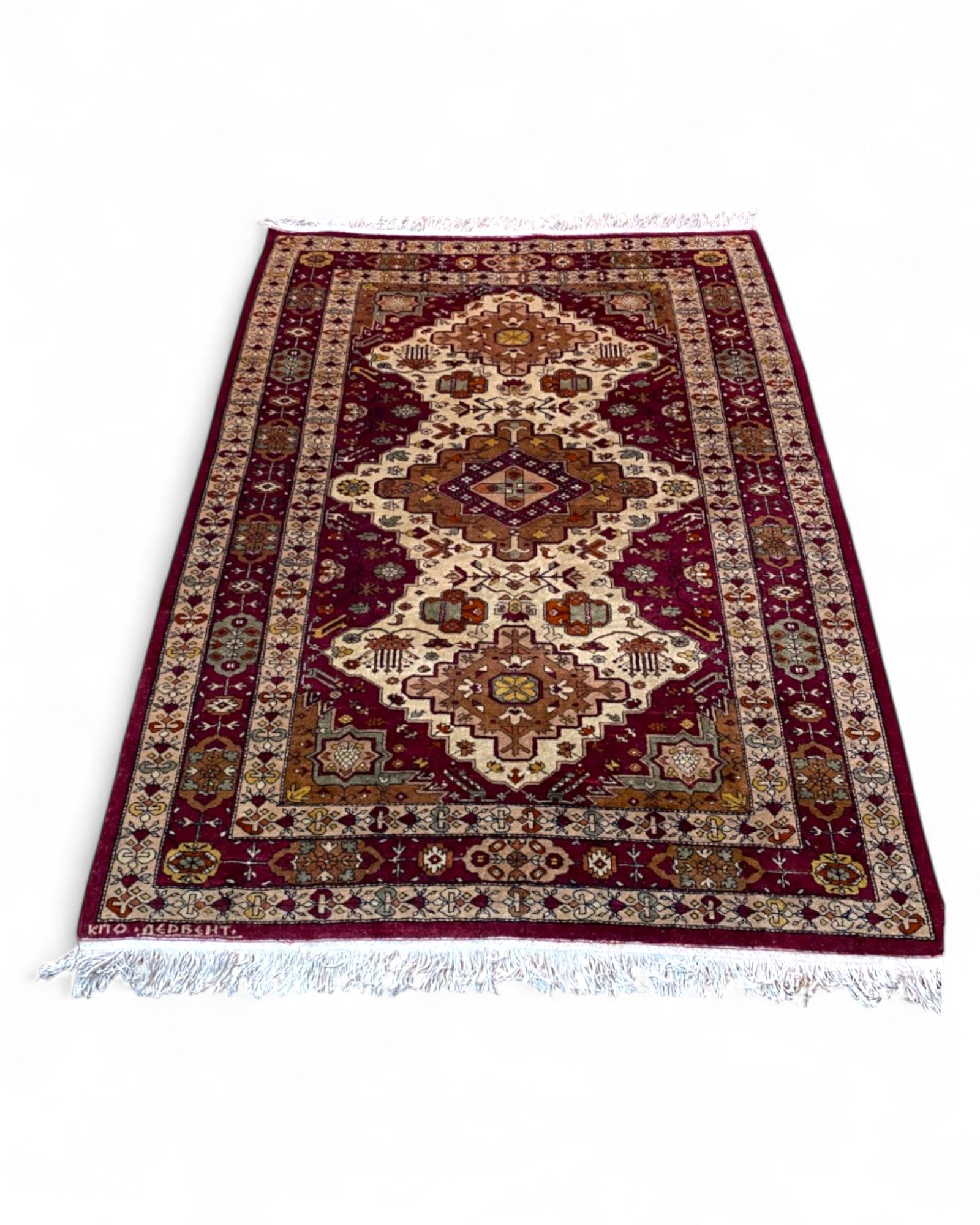 Hand-Knotted Persian-Style Rug in Burgundy, Ivory, and Gold | 230 x 152cm