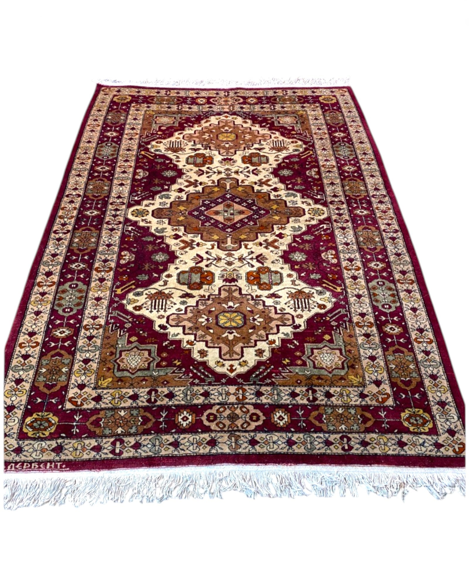 Hand-Knotted Persian-Style Rug in Burgundy, Ivory, and Gold | 230 x 152cm