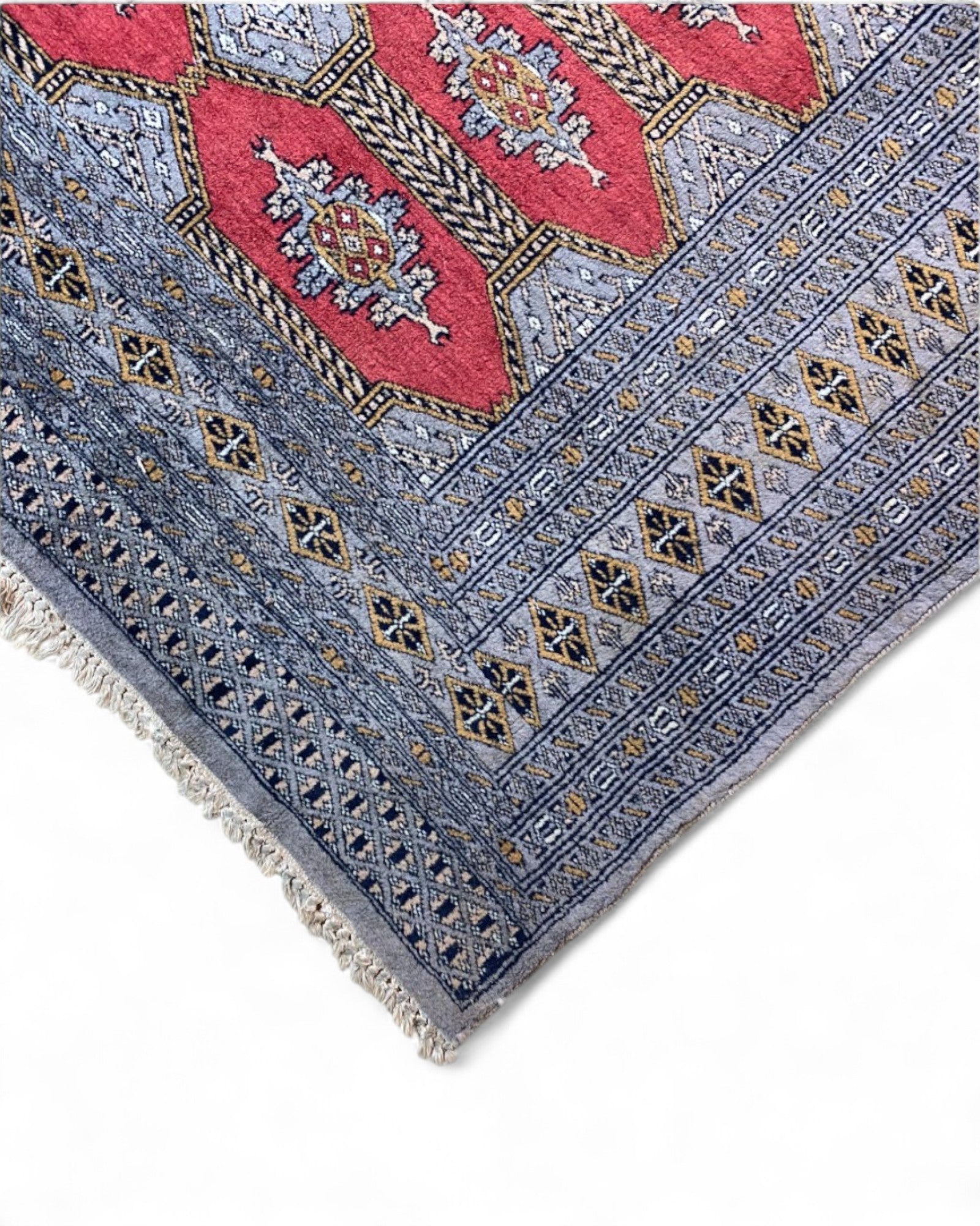 Vintage Bokhara-Style Rug in Red and Steel Blue | 180 x 132cm