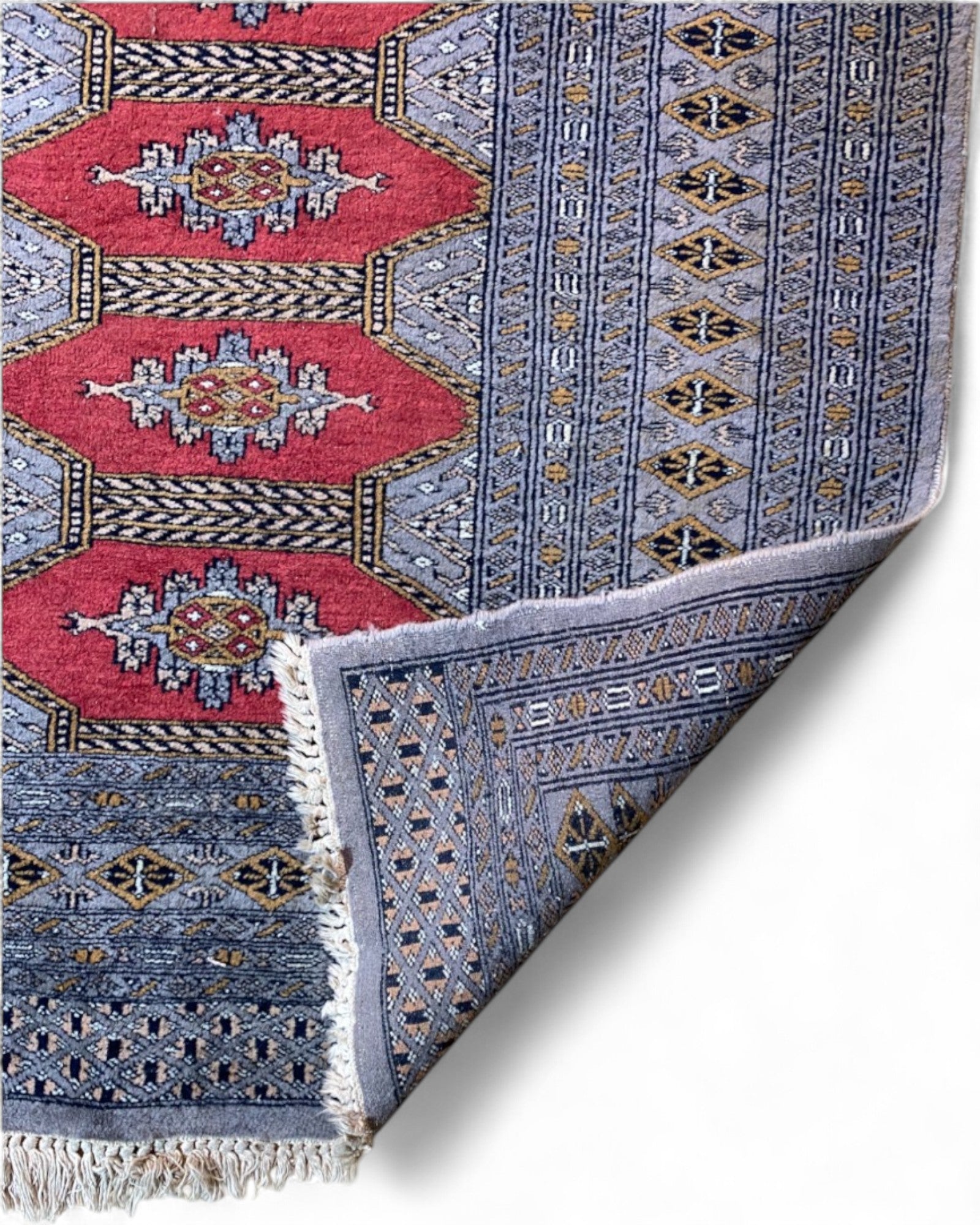 Vintage Bokhara-Style Rug in Red and Steel Blue | 180 x 132cm